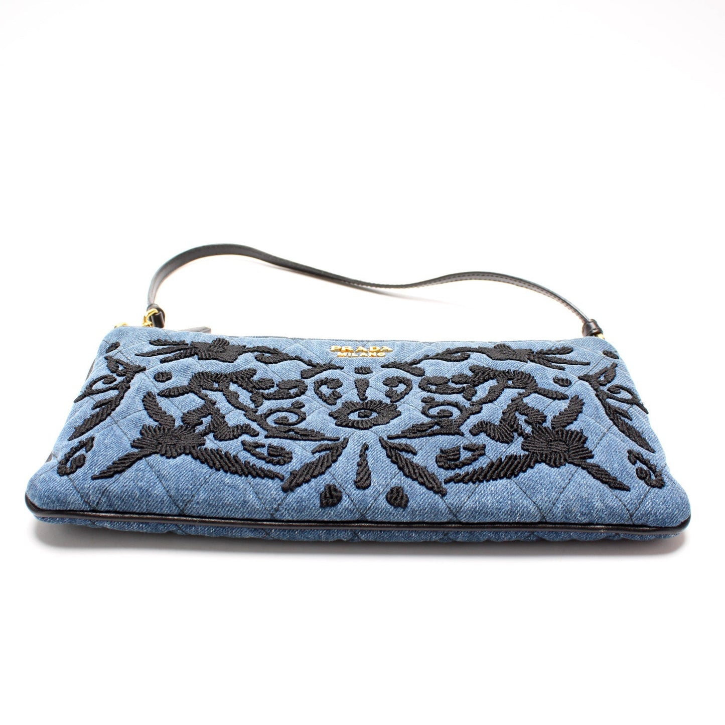 Prada Denim Embroidered Wristlet Bag