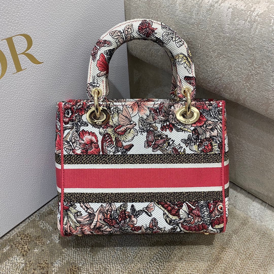 Top Quality MeTop Qualityum Lady D-Lite Bag Multicolor Butterfly Embroidery, Red/Latte Handbags, 24cm CD M0565ORHQ_M884