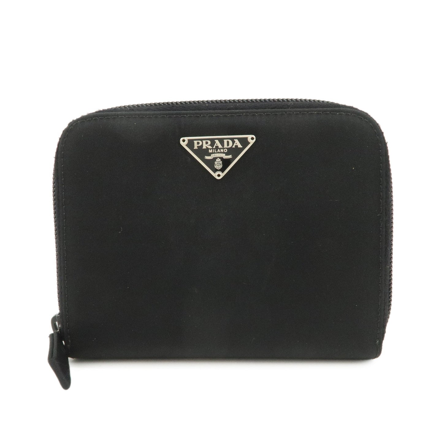 PRADA Tessuto Nylon Bi-fold Round Zippy Compact Wallet Black M605