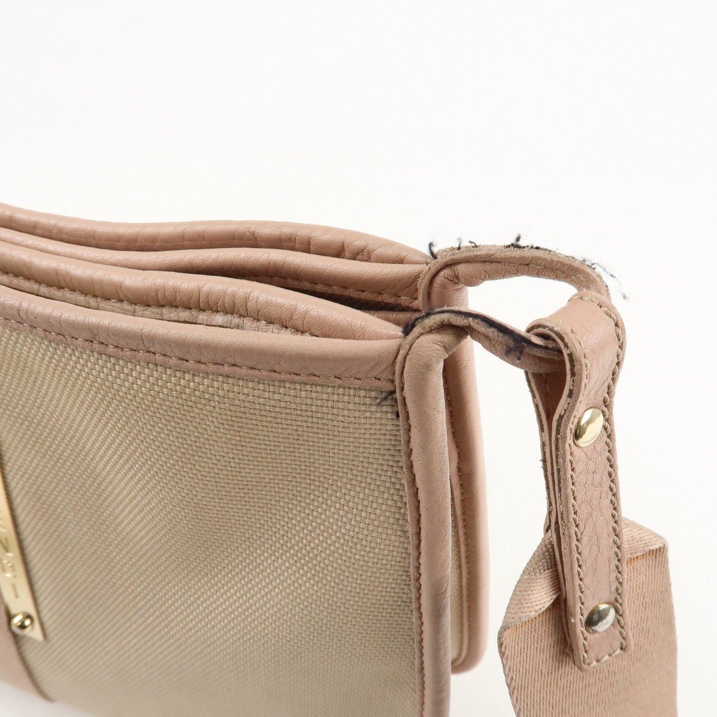 FENDI Logo Canvas Leather Shoulder Bag Beige Pink 8BT084  d