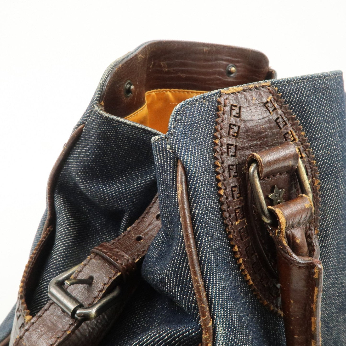 FENDI Ethnico Denim Leather Shoulder Bag Blue Brown 8BN157  d