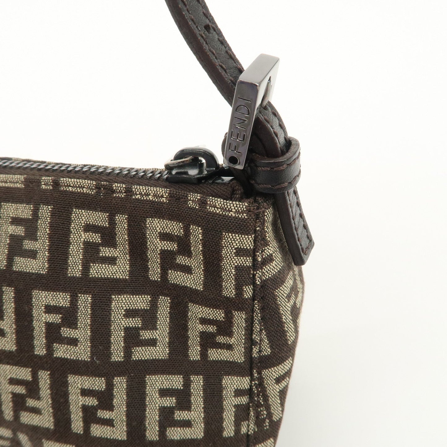 FENDI Zucchino Canvas Leather Shoulder Bag Dark Brown 8BR249  d