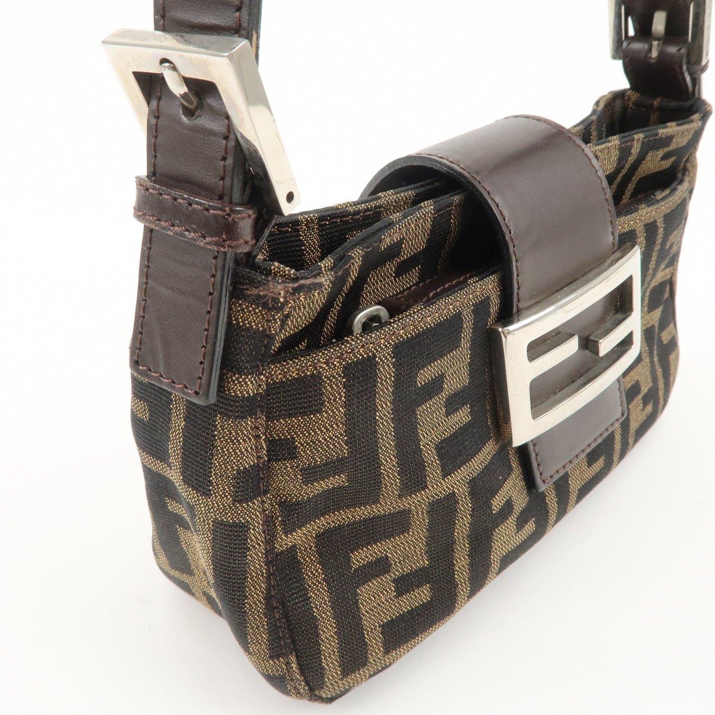 FENDI Zucca Canvas Leather Hand Bag Brown Black  d