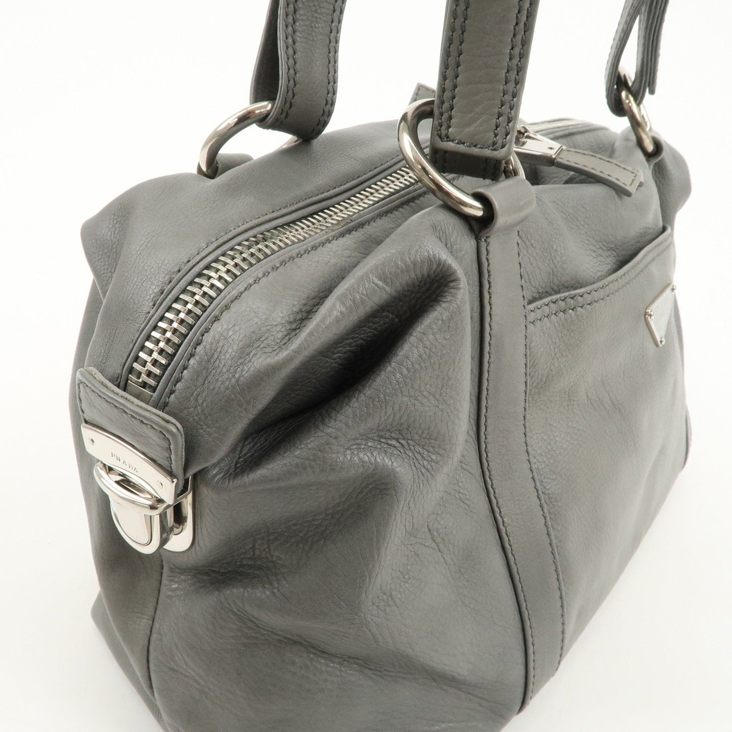 PRADA Leather Boston Bag Shoulder Bag Gray Silver Hardware  d