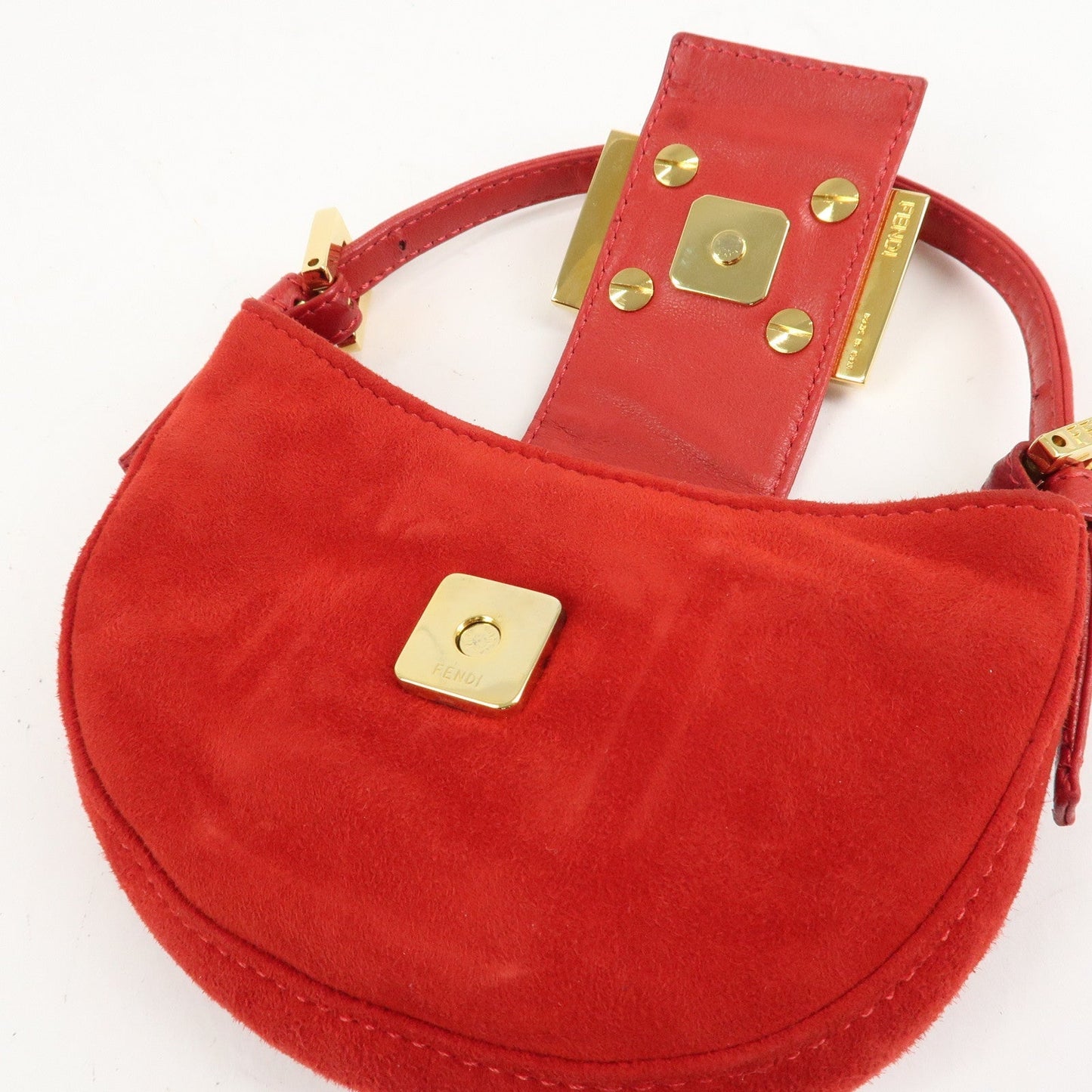 FENDI Suede Leather Mini Croissant Hand Bag Red 26673  d