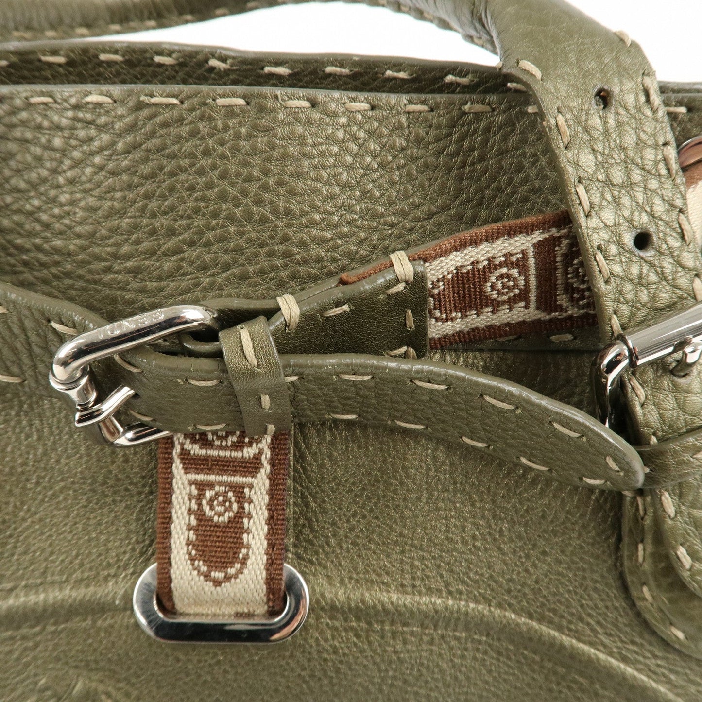 FENDI Selleria Leather Tote Bag Shoulder Bag Khaki 8BN155  d