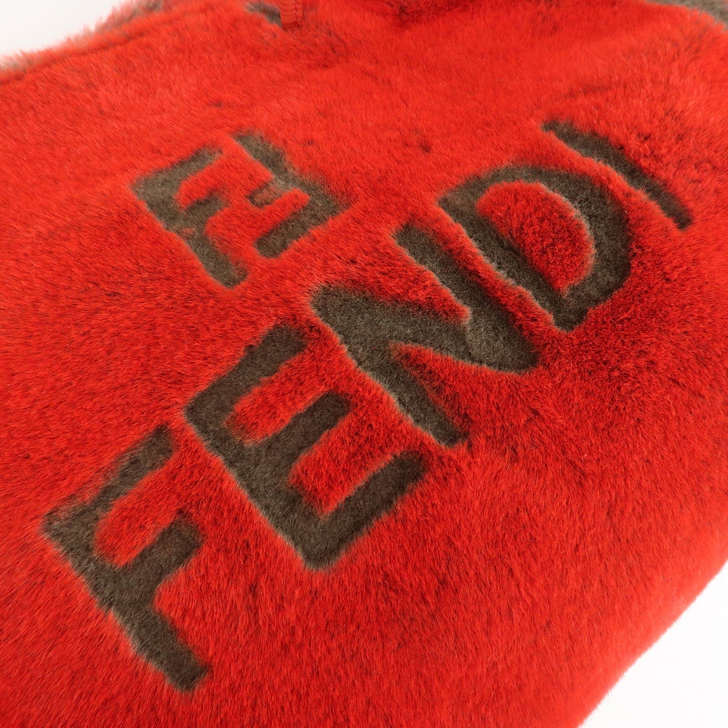FENDI Leather Fake Fur Shoulder Bag Tote Bag Red  d