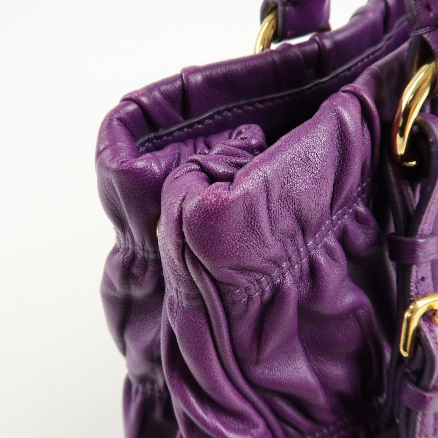 PRADA Leather Gathered Hand Bag Purple Gold Hardware BN2394  d