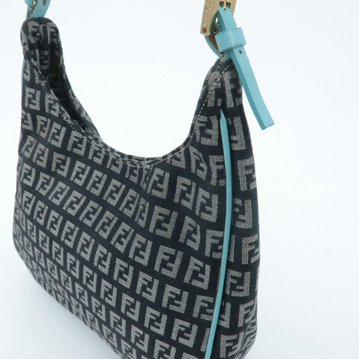 FENDI Zucchino Canvas Leather Shoulder Bag Black White Blue 8BR158  d