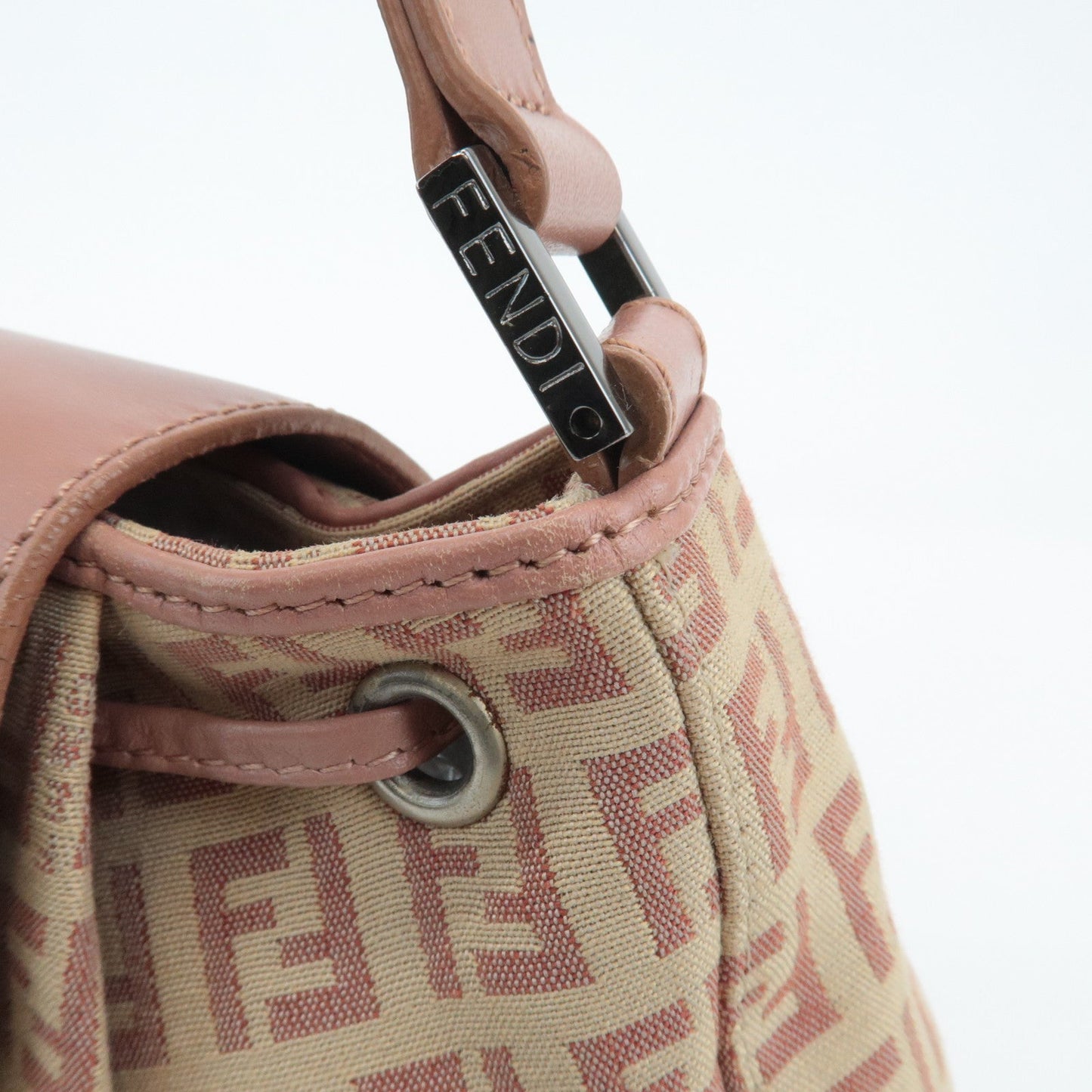 FENDI Zucchino Canvas Leather Shoulder Bag Beige Pink 8BR282  d