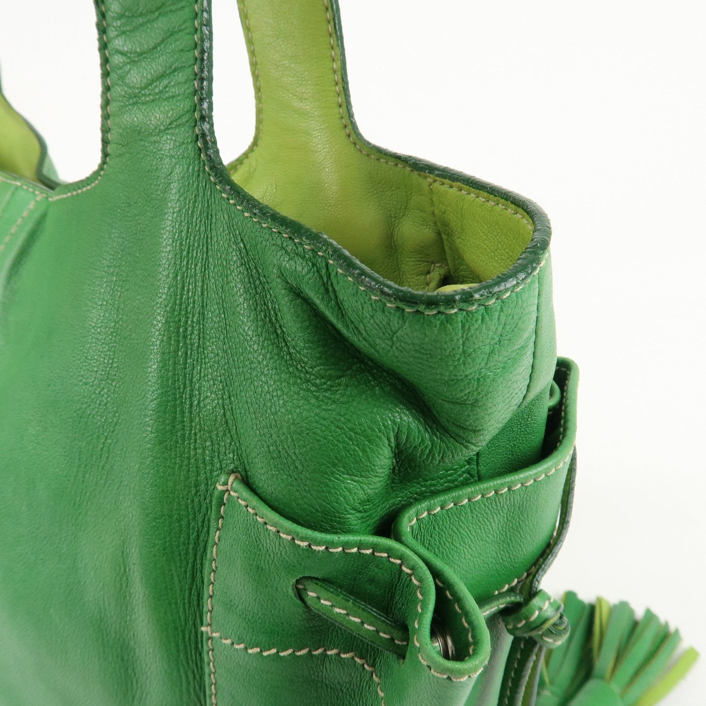 PRADA Logo Leather Tassel Shoulder Bag Hand Bag Green  d