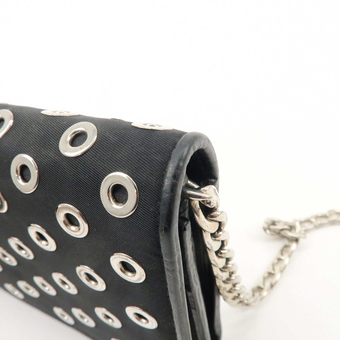PRADA Grommet Nylon Leather Chain Long Wallet Black Silver HDW  d