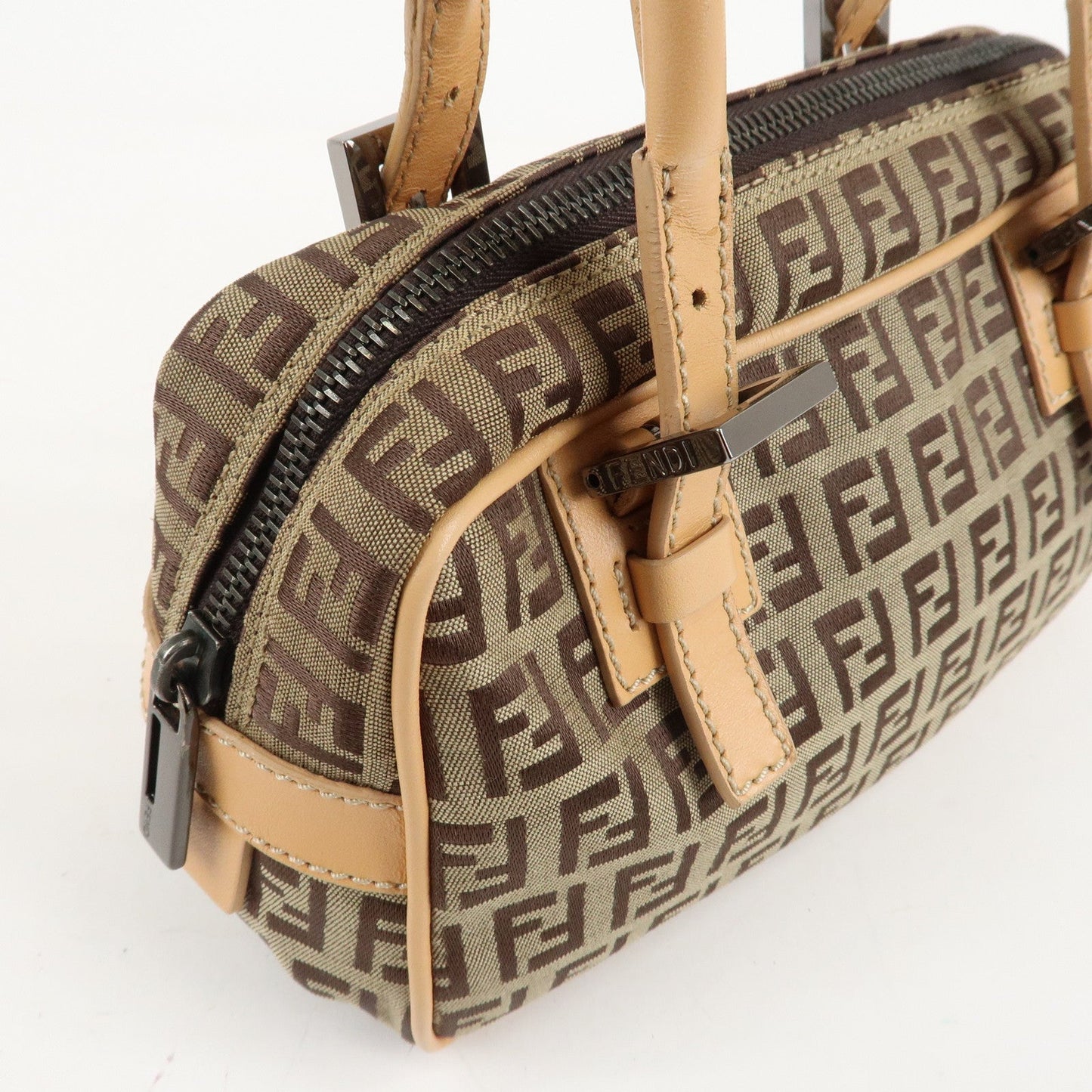 FENDI Zucchino Canvas Leather Small Boston Hand Bag Brown 8BN004  d