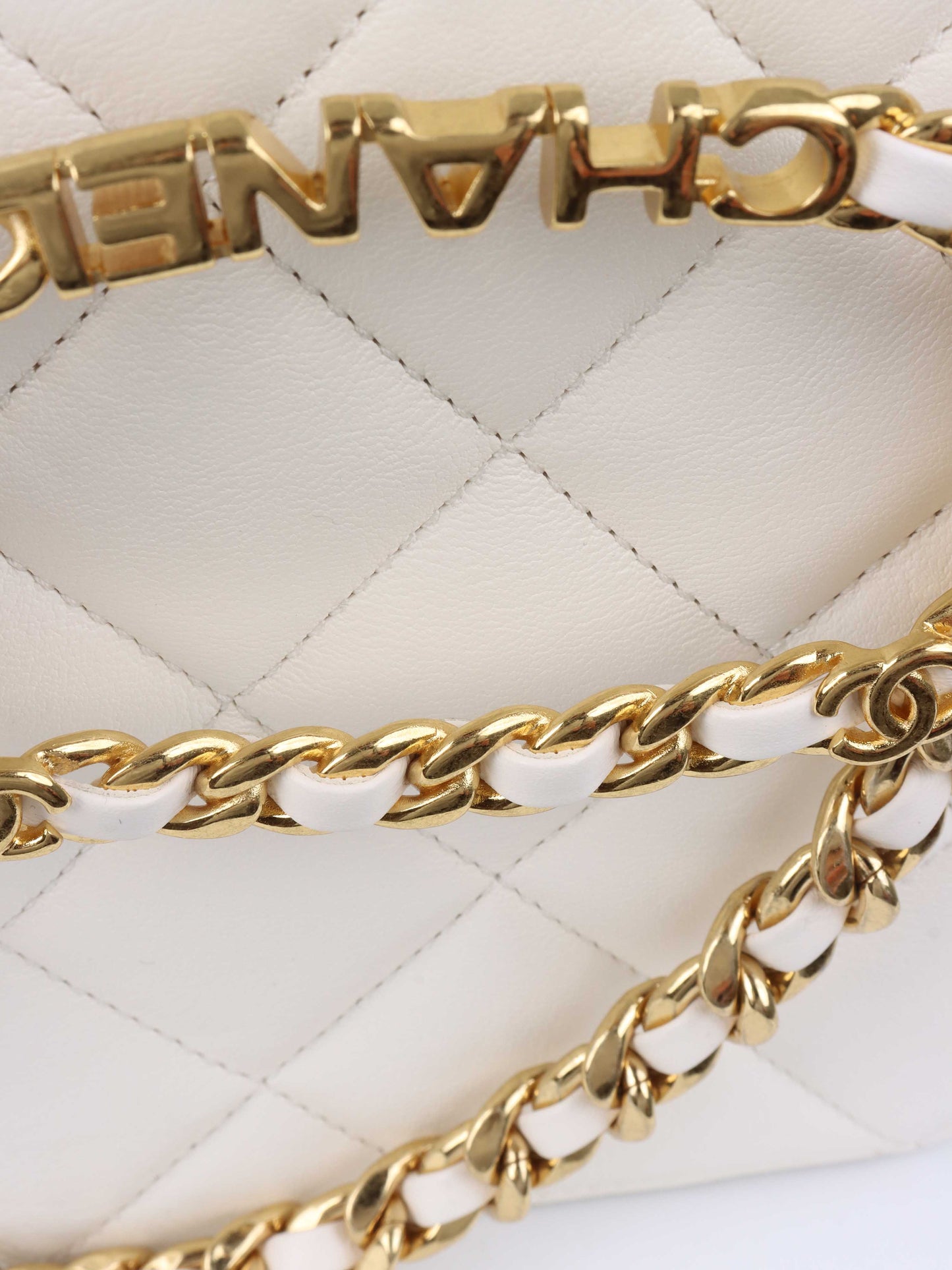 Chanel White Round Vanity with Chain Ring Handle.