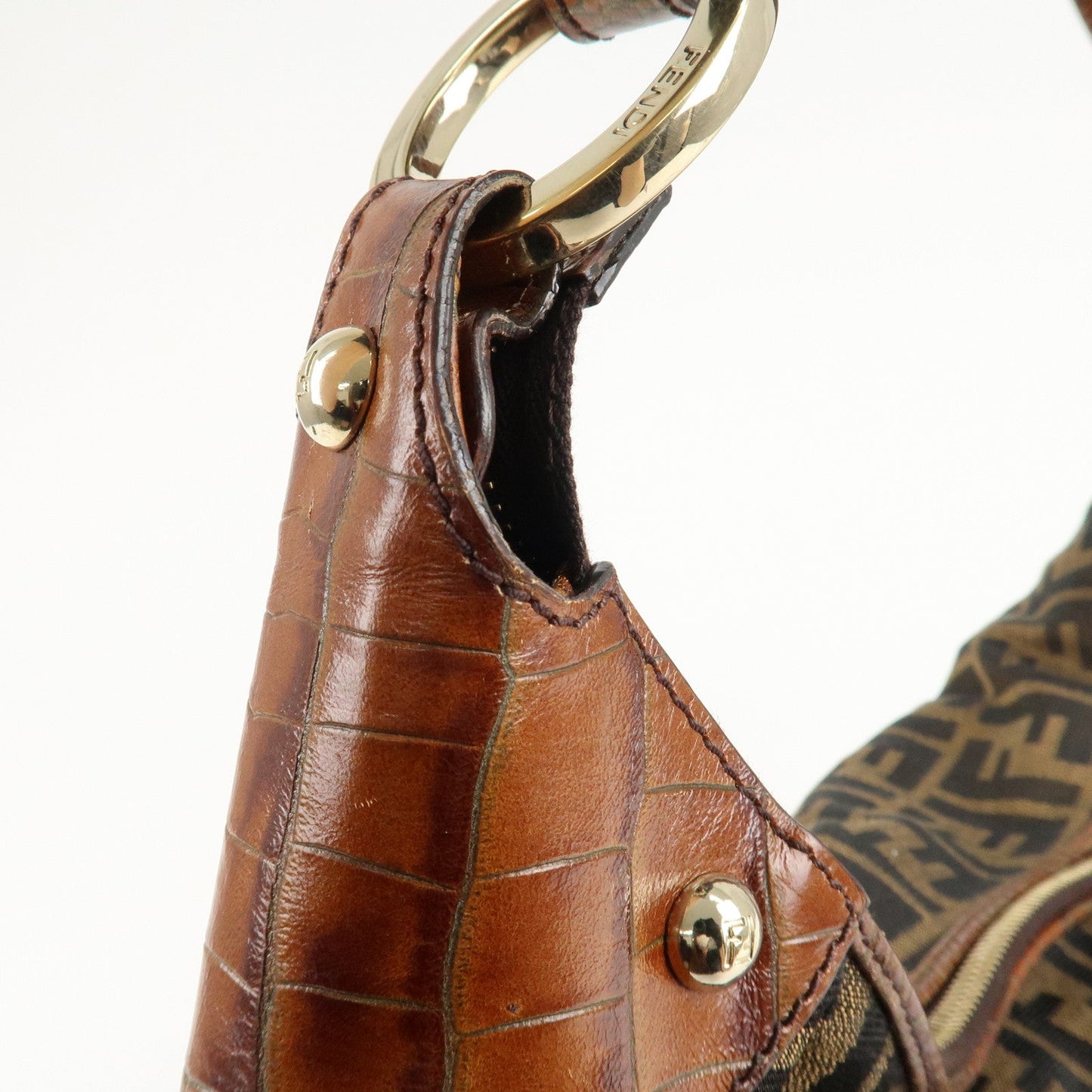 FENDI Zucca Canvas Embossed Leather Shoulder Bag Brown 8BR593  d