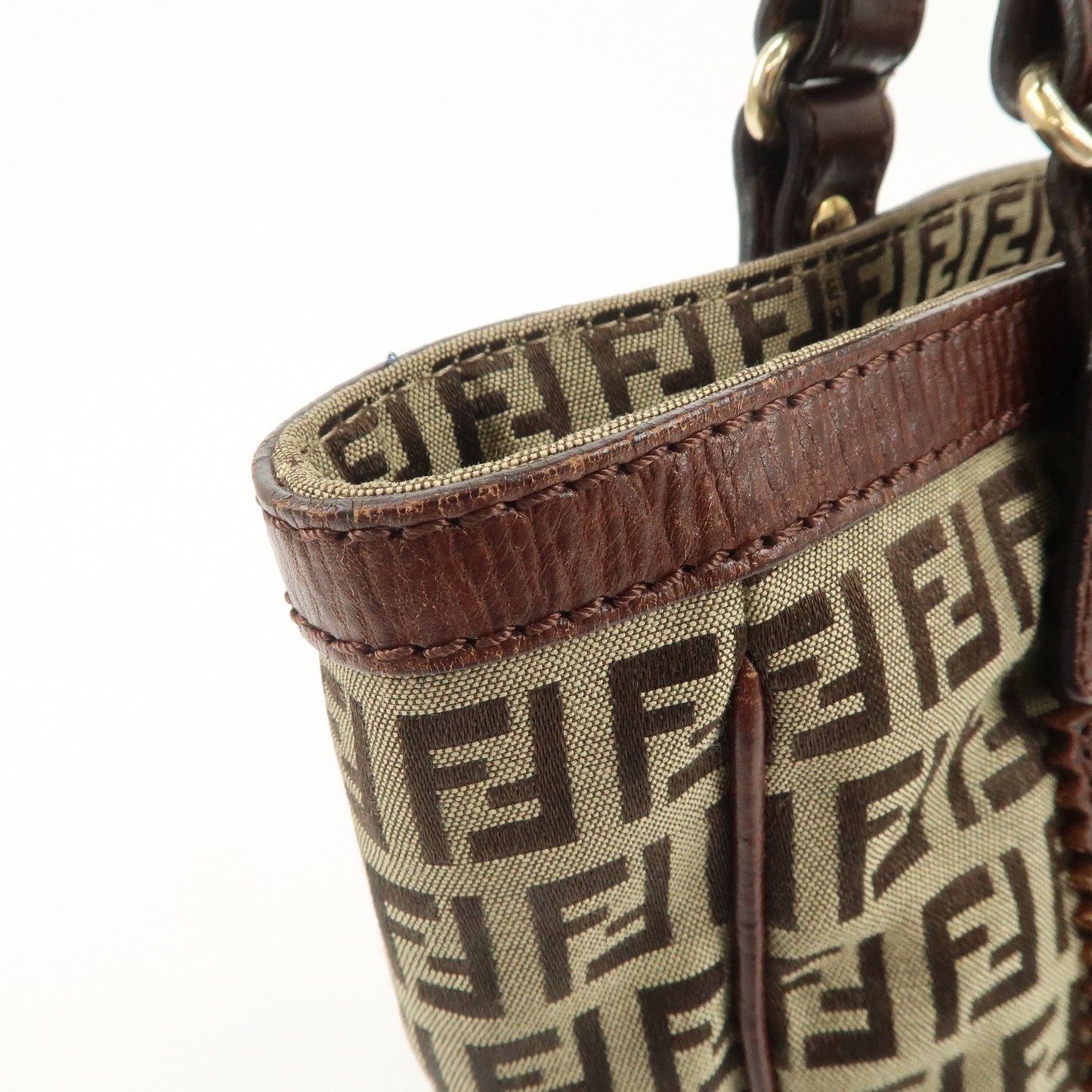 FENDI Zucchino Canvas Leather Tote Bag Khaki Brown 8BH161  d