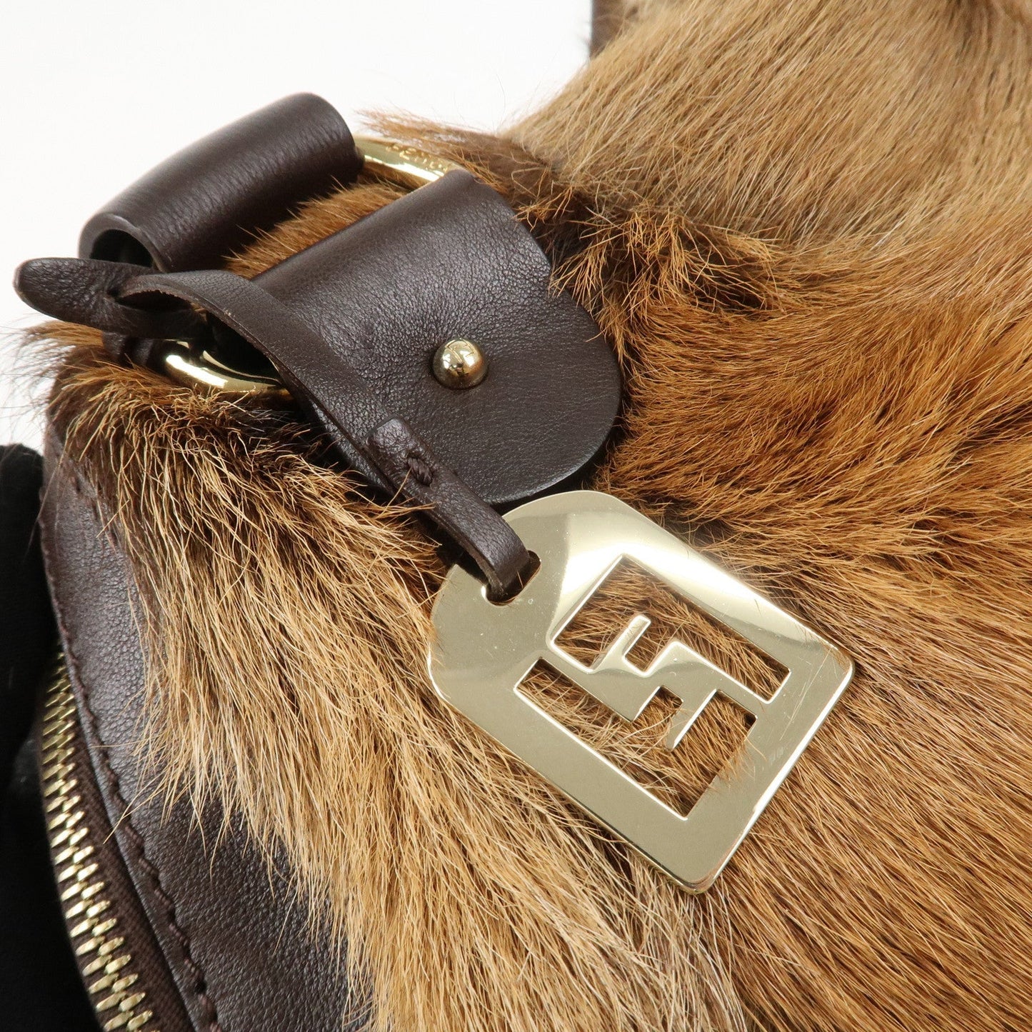 FENDI Fur Leather Tote Bag Hand Bag Shoulder Bag Brown 8BR286  d