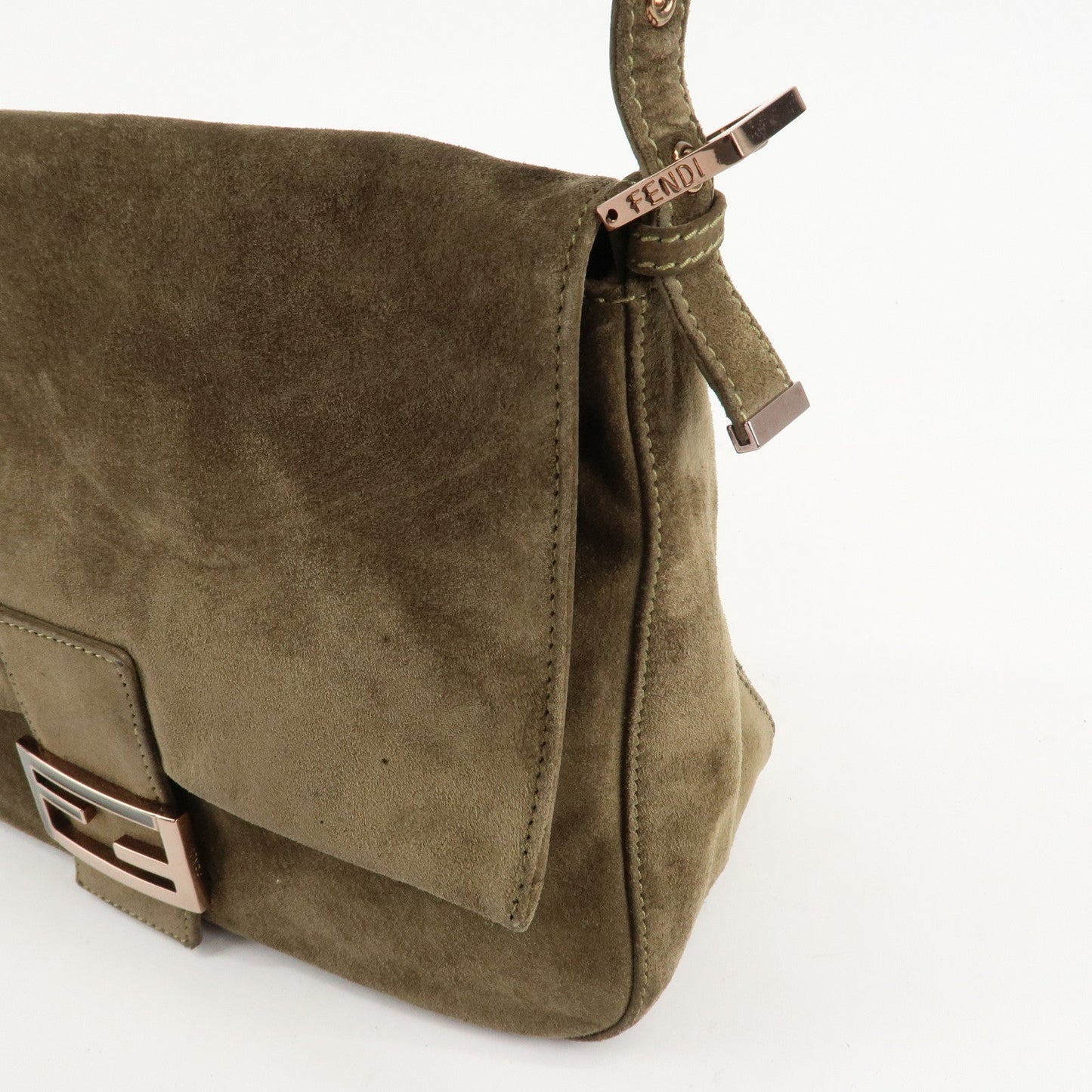 FENDI Mamma Baguette Suede Shoulder Bag Khaki 8BR001  d