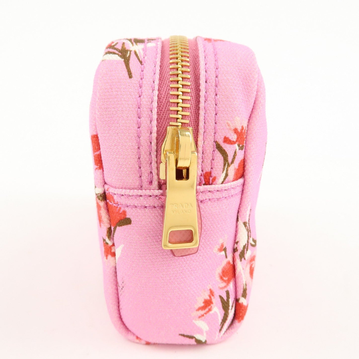 PRADA Canapa Canvas Leather Cosmetic Pouch Flower 1NA021 Pink  d