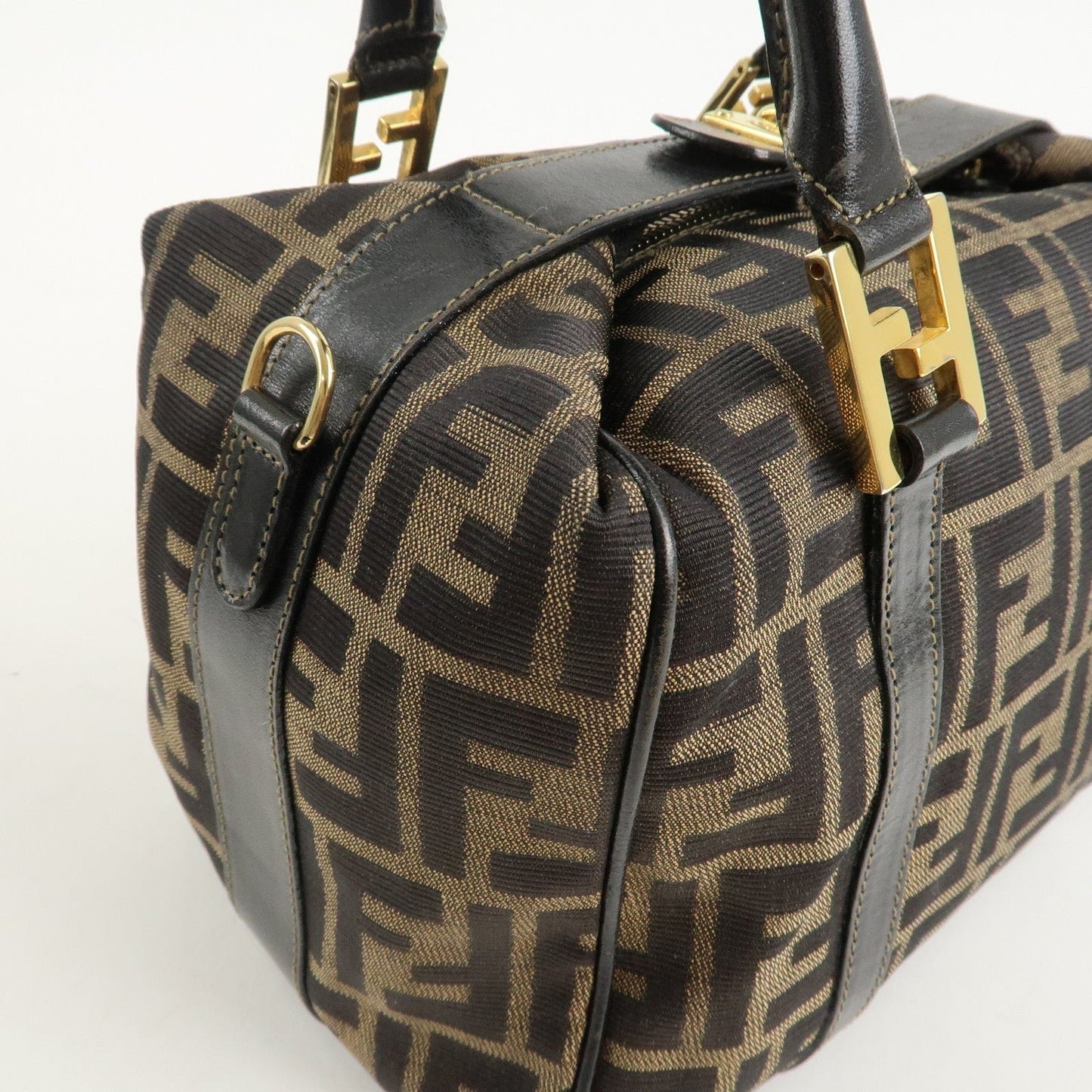 FENDI Zucca Canvas Leather Boston Bag Hand Bag Brown Black  d