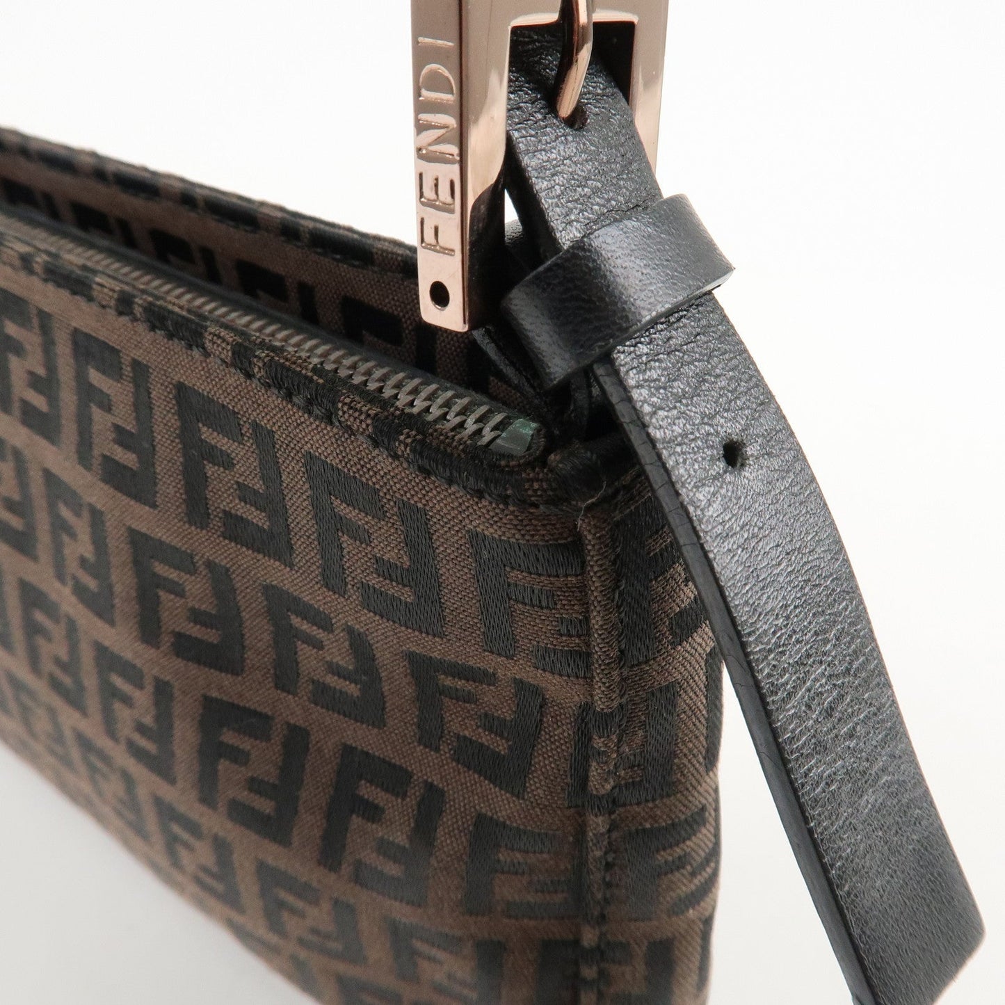 FENDI Zucchino Canvas Leather Shoulder Bag Dark Brown Black 8BR042  d