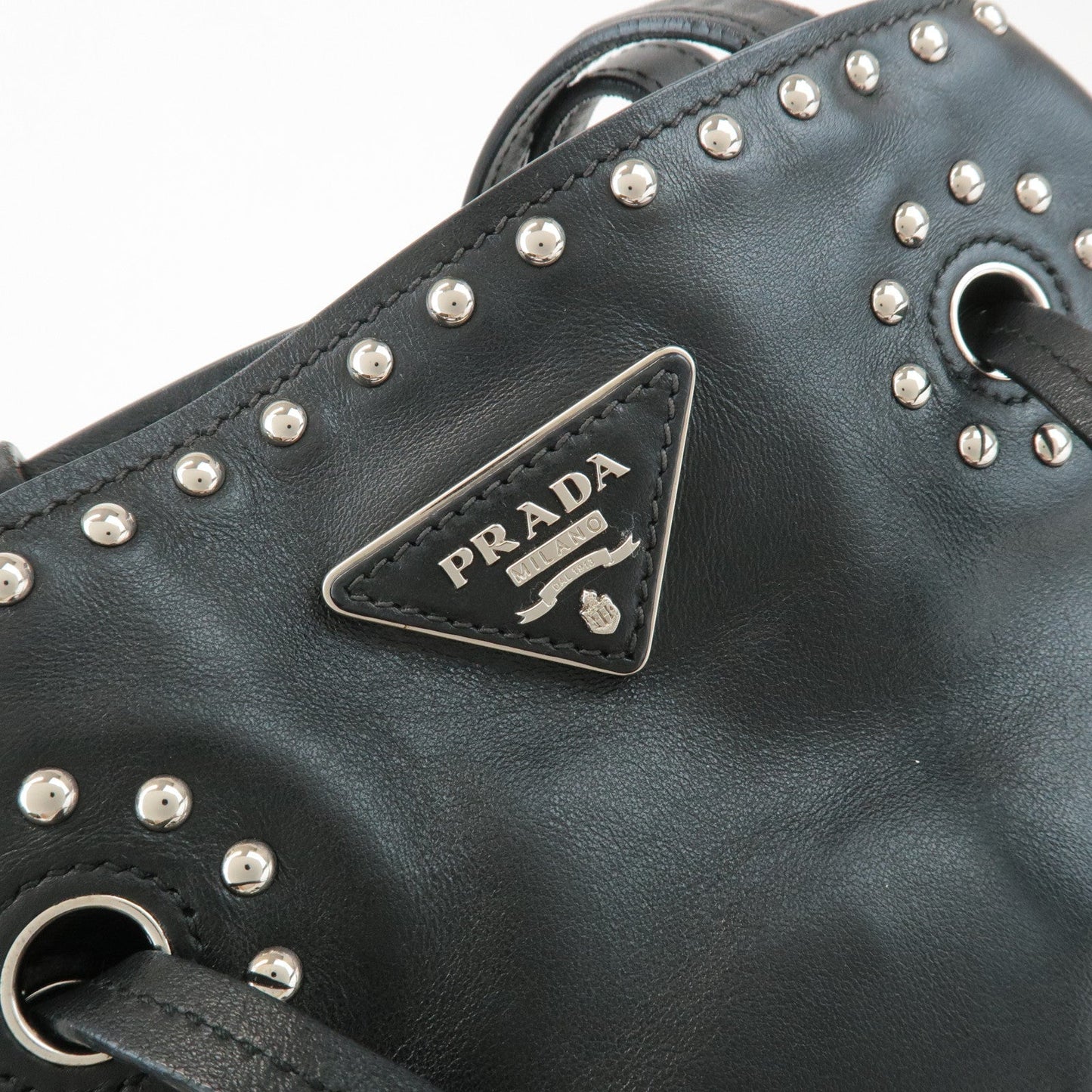 PRADA Calf Leather Drawstring Shoulder Bag Studs Tassel B5061M  d