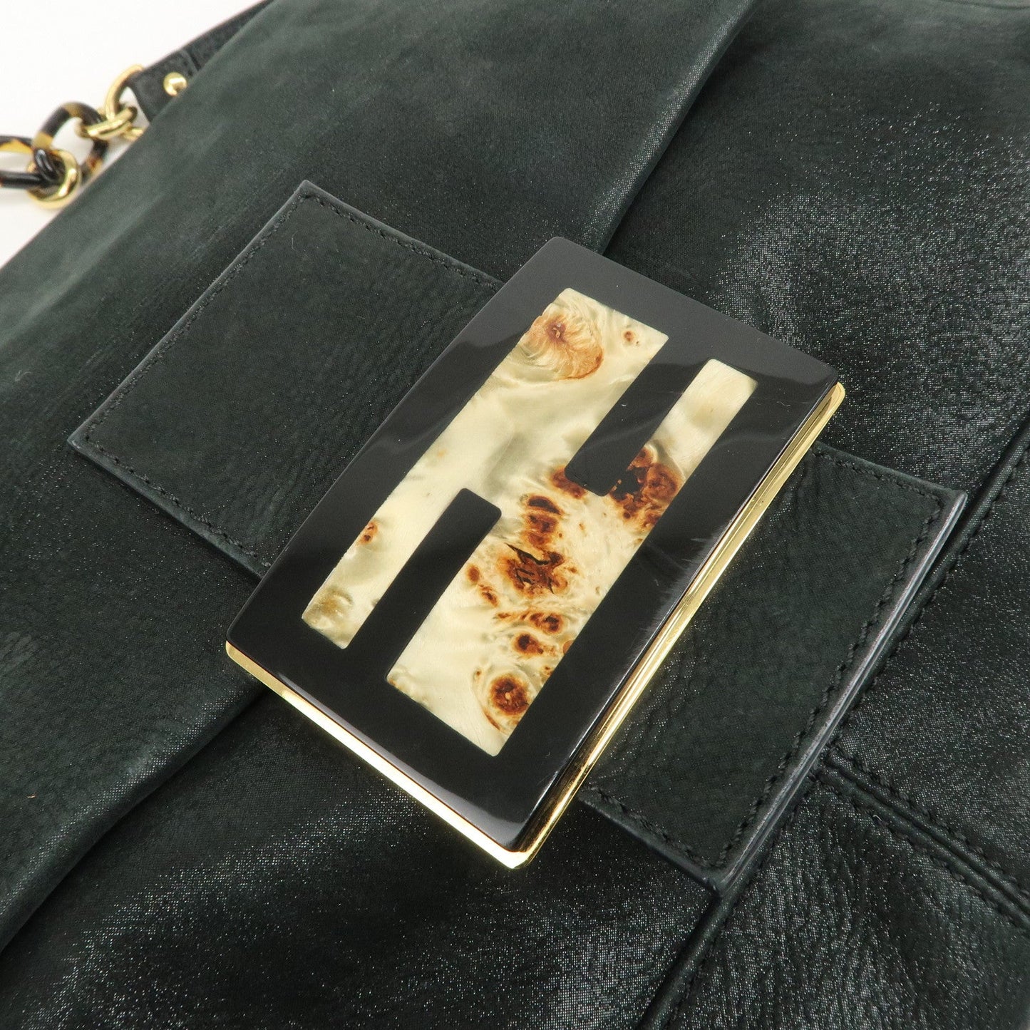 FENDI Mamma Baguette Leather Chain Shoulder Bag Gold Black 8BR638  d