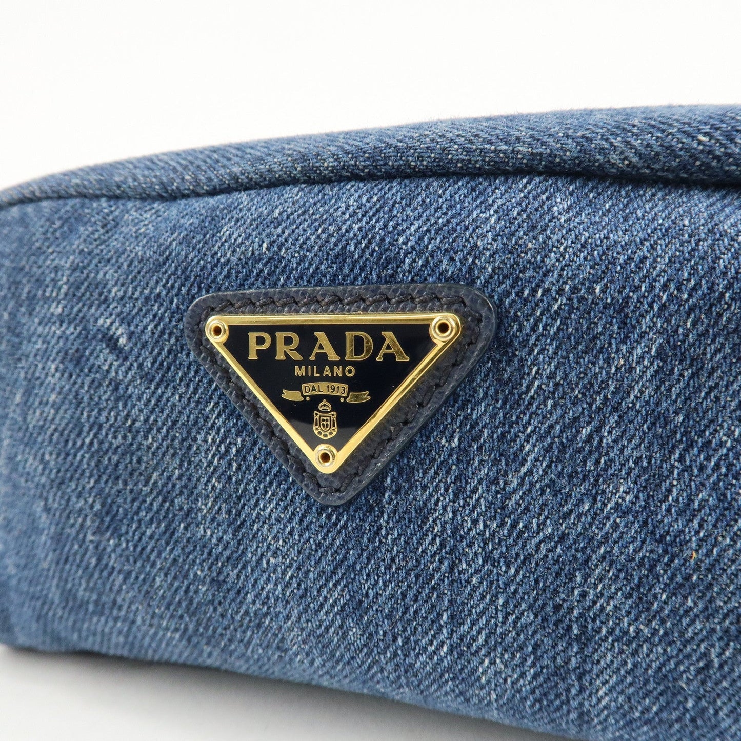 PRADA Triangle Logo Denim Pouch Cosmetic Pouch Blue  d
