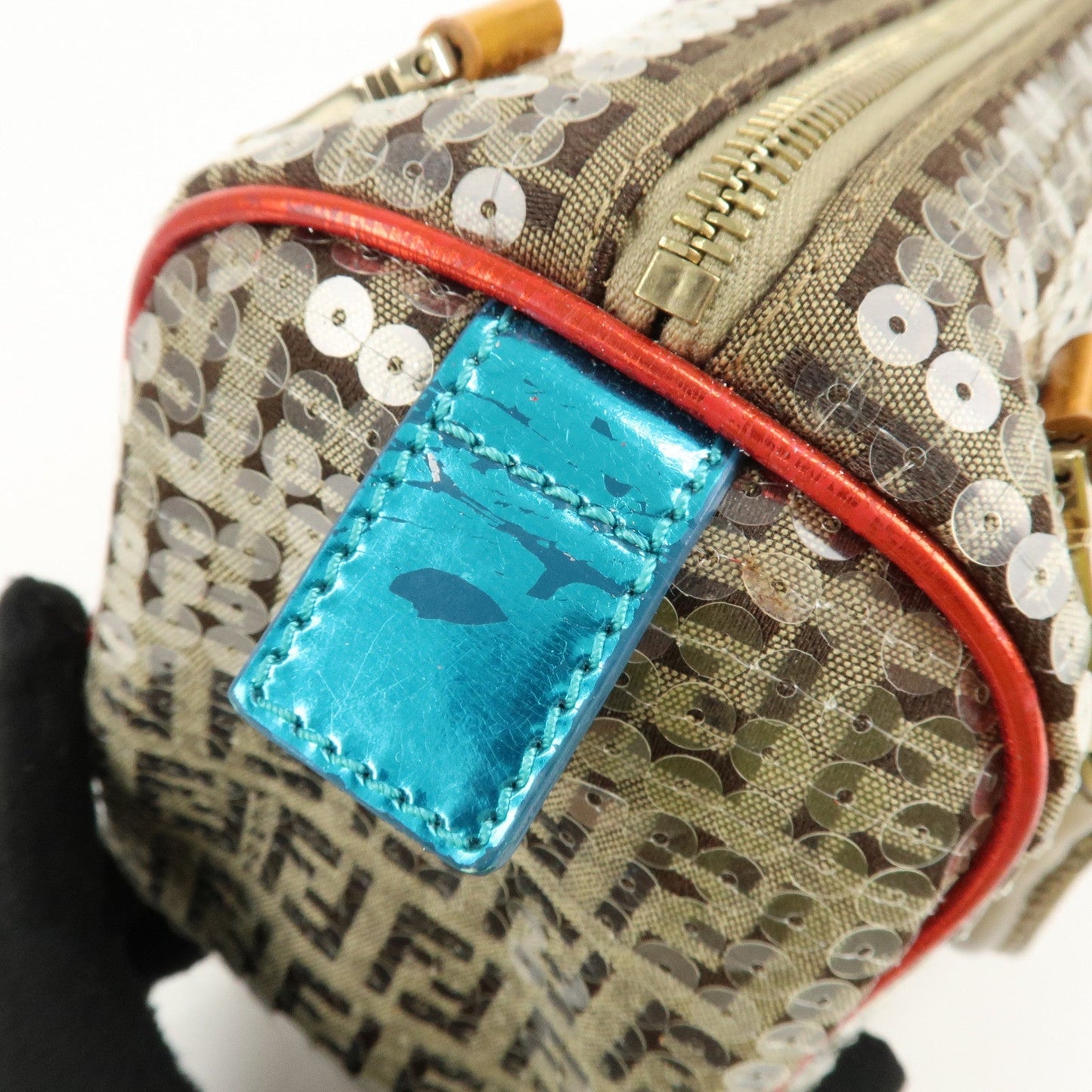 FENDI Zucchino Flip Sequin Canvas Patent Leather Boston Bag 8BL071  d