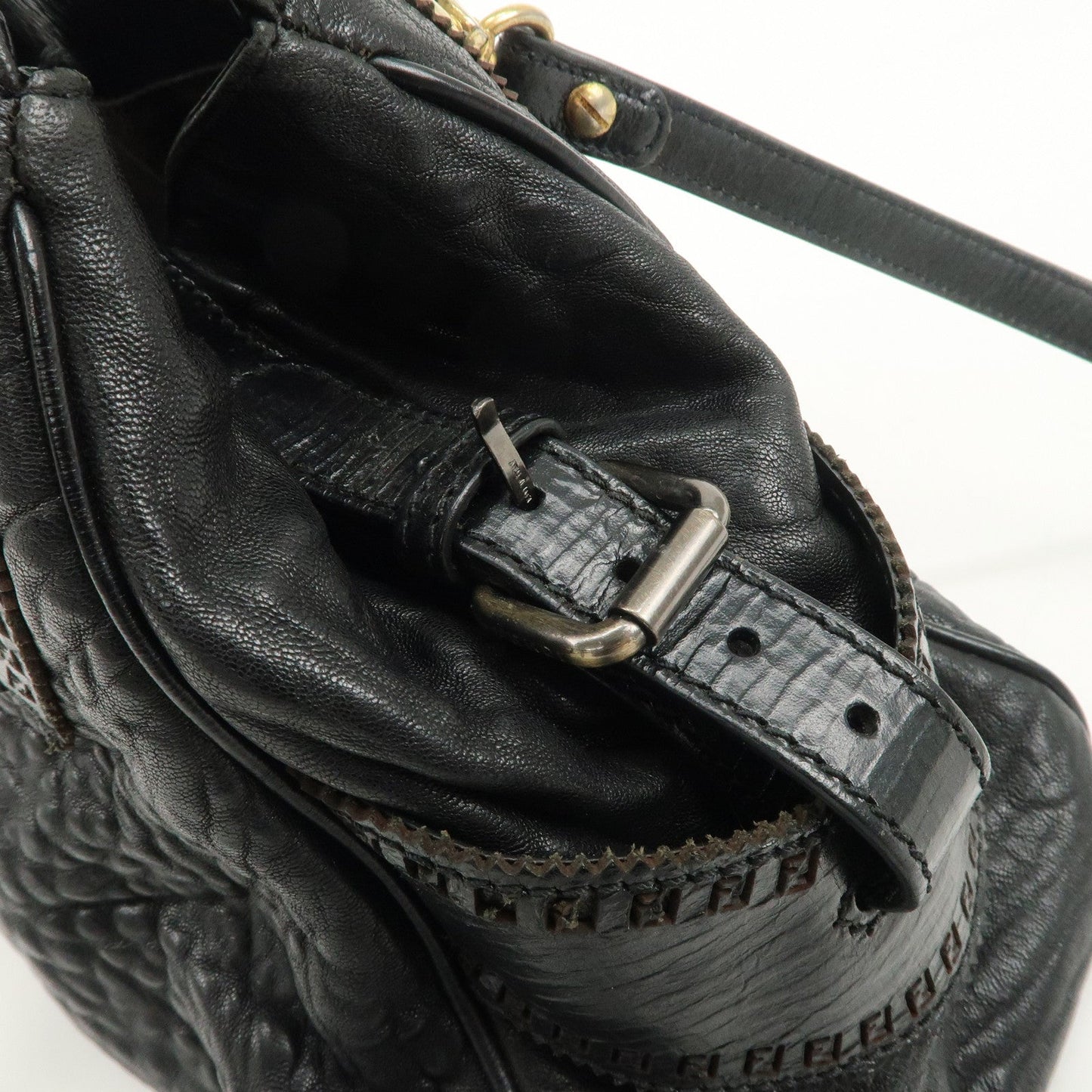 FENDI Ethnico Zucca Canvas Leather Shoulder Bag Black 8BN157  d