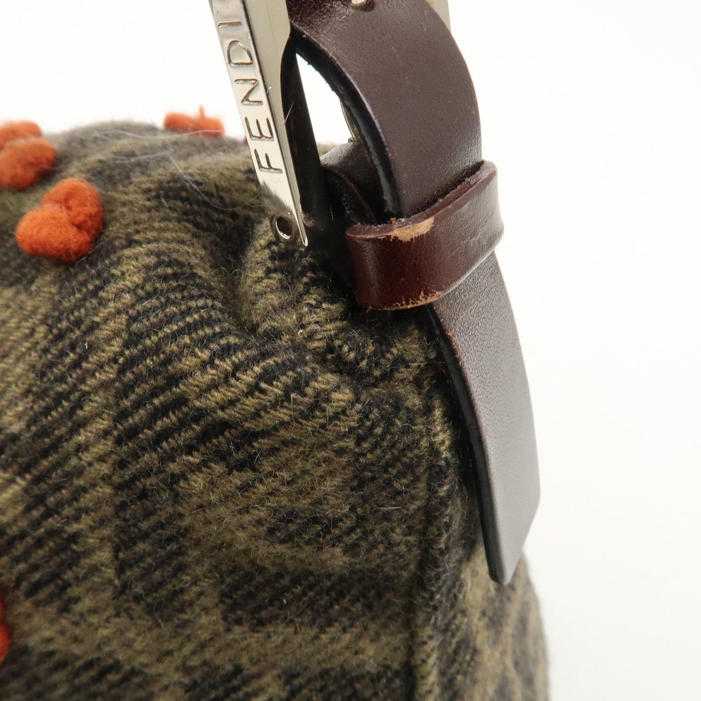 FENDI Mamma Baguette Wool Leather Shoulder Bag Tree Motif Khaki  d