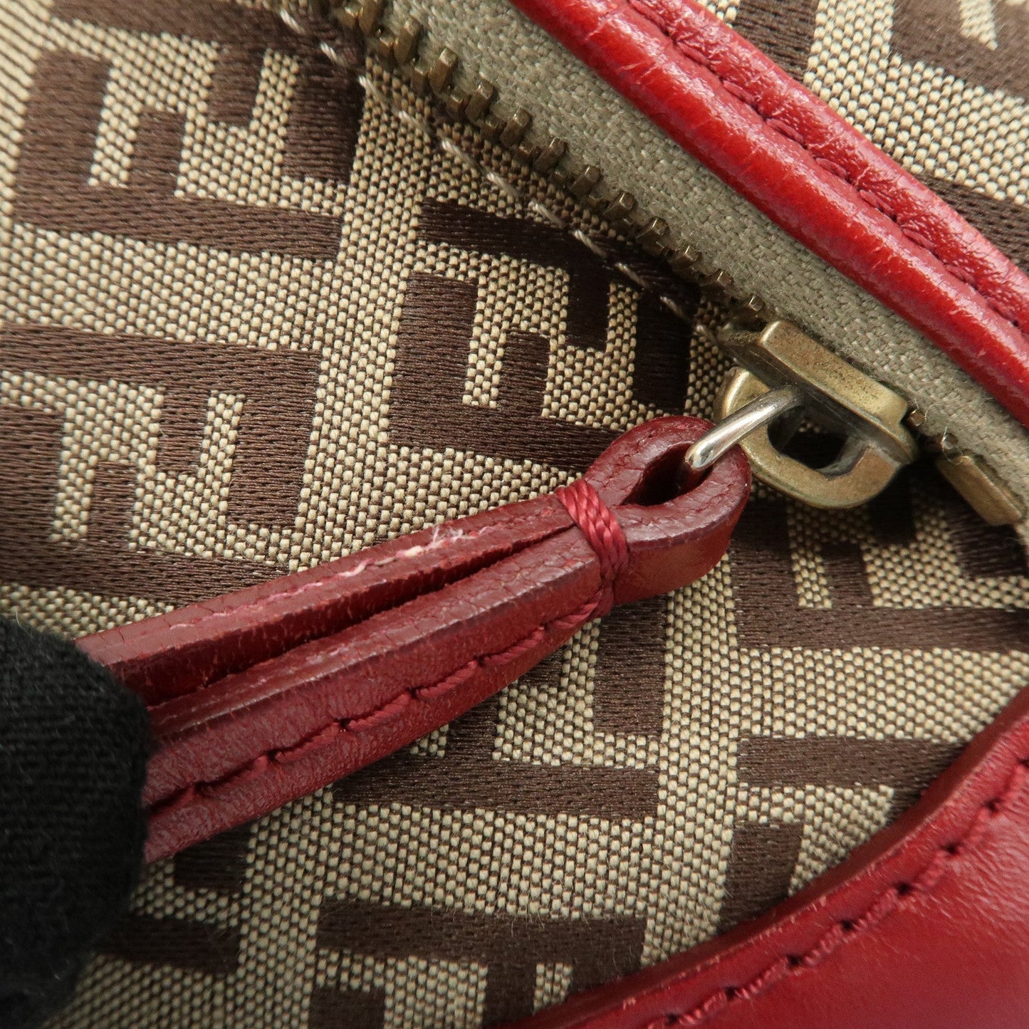 FENDI Zucchino Canvas Leather Shoulder Bag Khaki Brown Red 8BR465  d