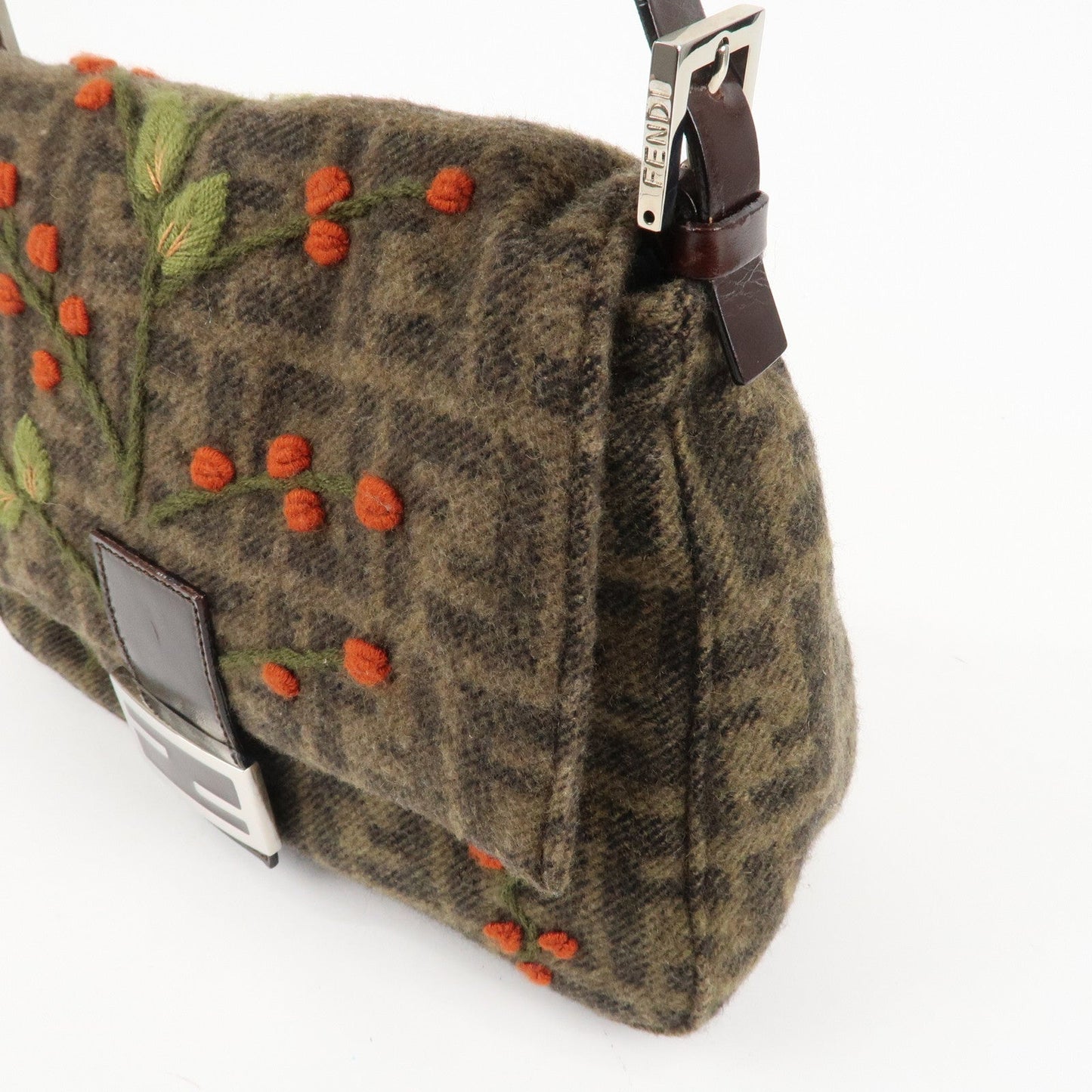 FENDI Mamma Baguette Zucca Wool Leather Shoulder Bag Flower  d
