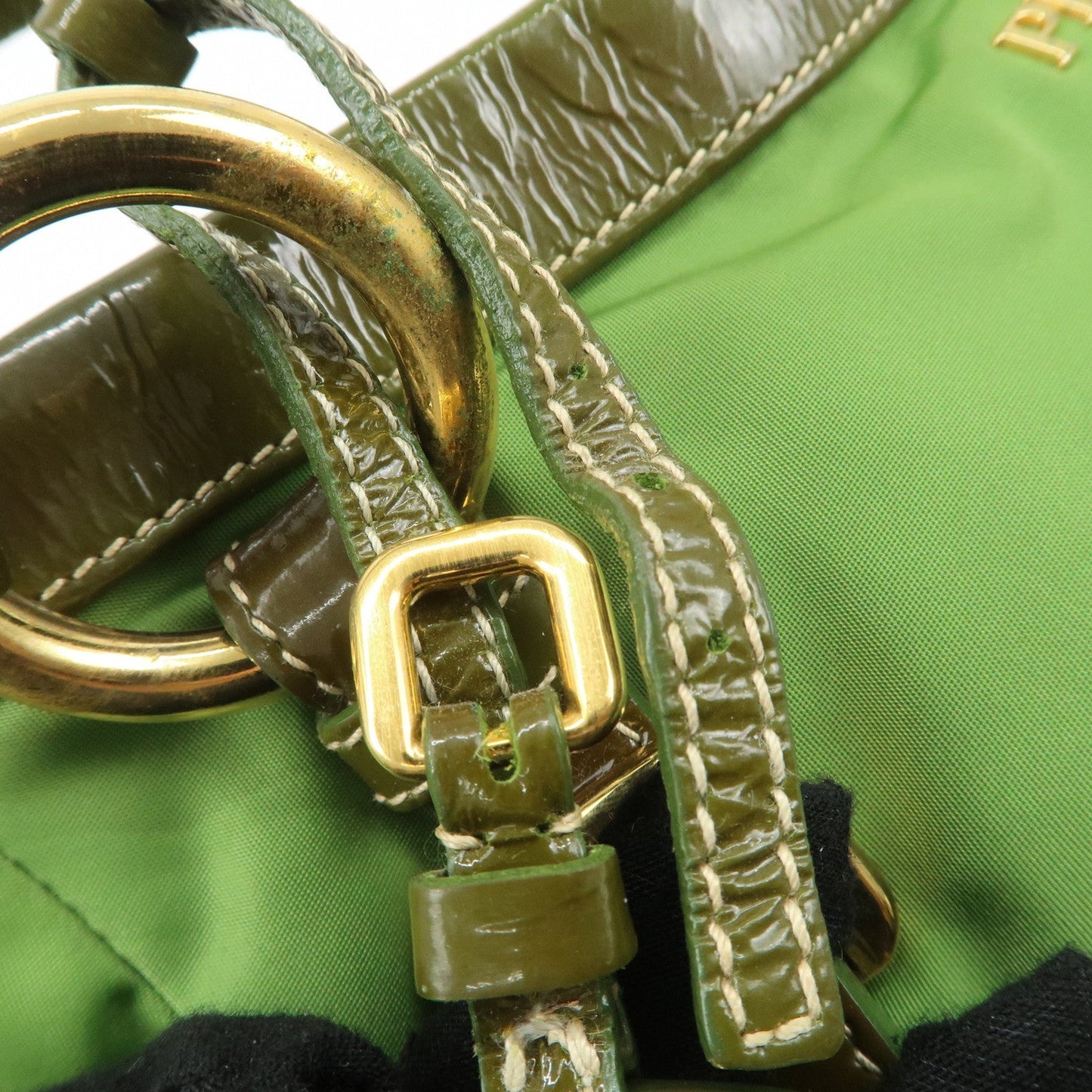PRADA Nylon Patent Leather Tote Bag Shoulder Bag Green Khaki  d