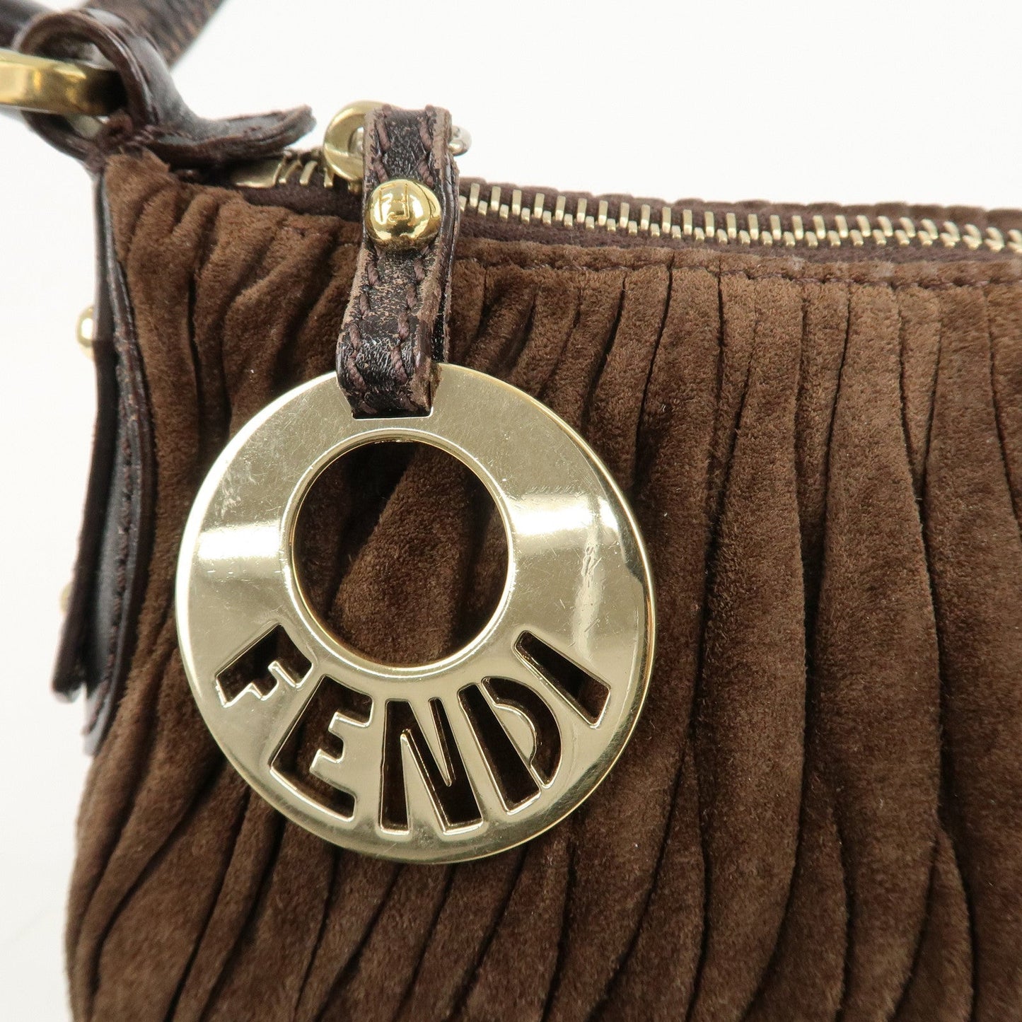 FENDI Suede Leather Gathered Shoulder Bag Dark Brown 8BR454  d