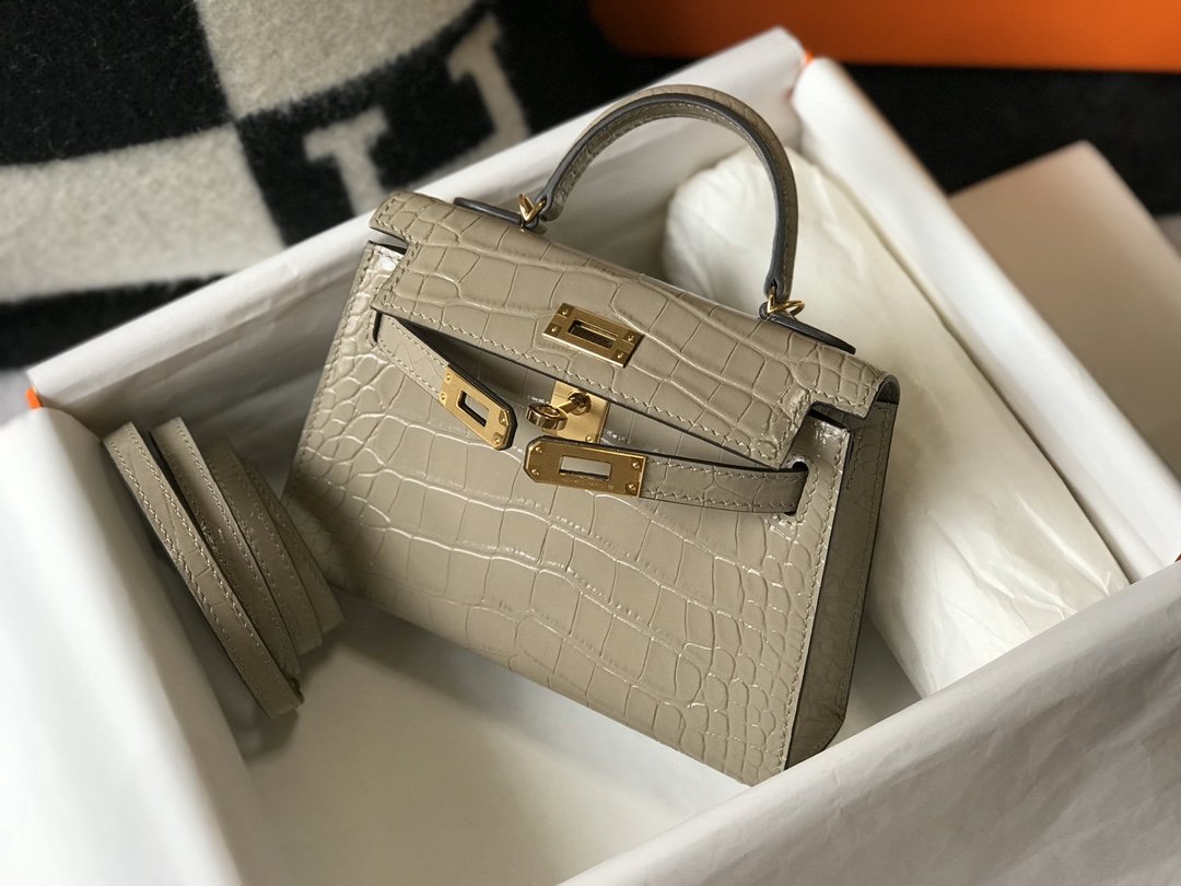 Top Quality Mini Kelly 19 Embossed Patent Light Grey Bag With Gold-Toned Harware For Women, Handbags, Shoulder Bags 7.5in/19cm