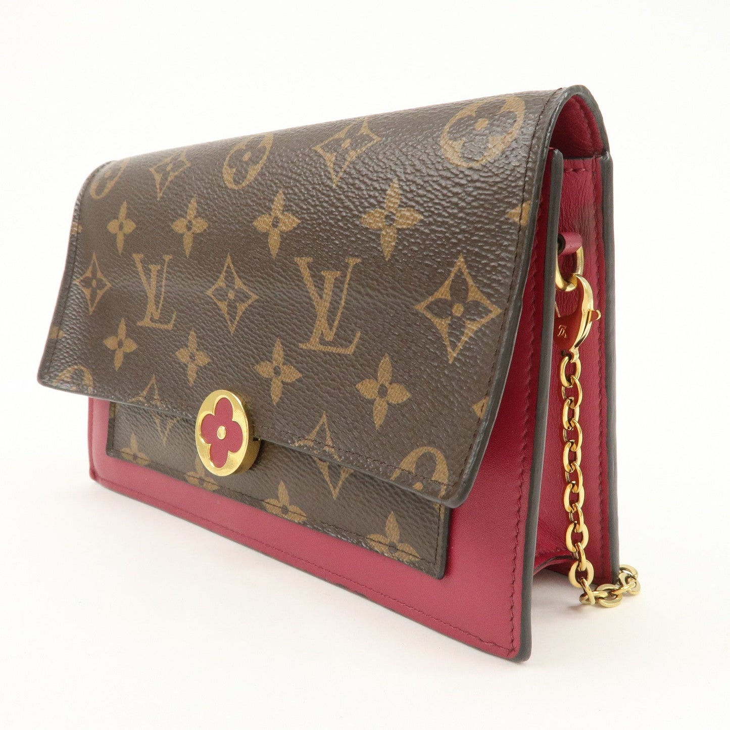 Louis Vuitton Monogram Leather Portefeuille Flore Chain Wallet Brown Pink M69578  d