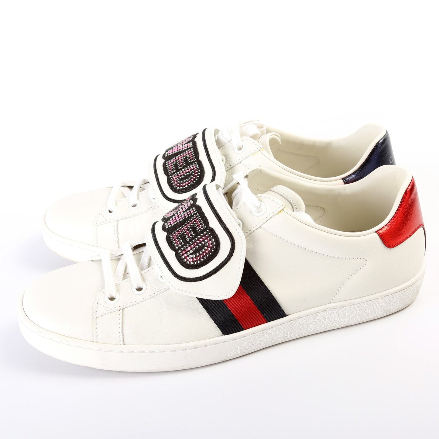 Gucci Ace Web Loved Embellished Velcro Leather Sneakers SIze