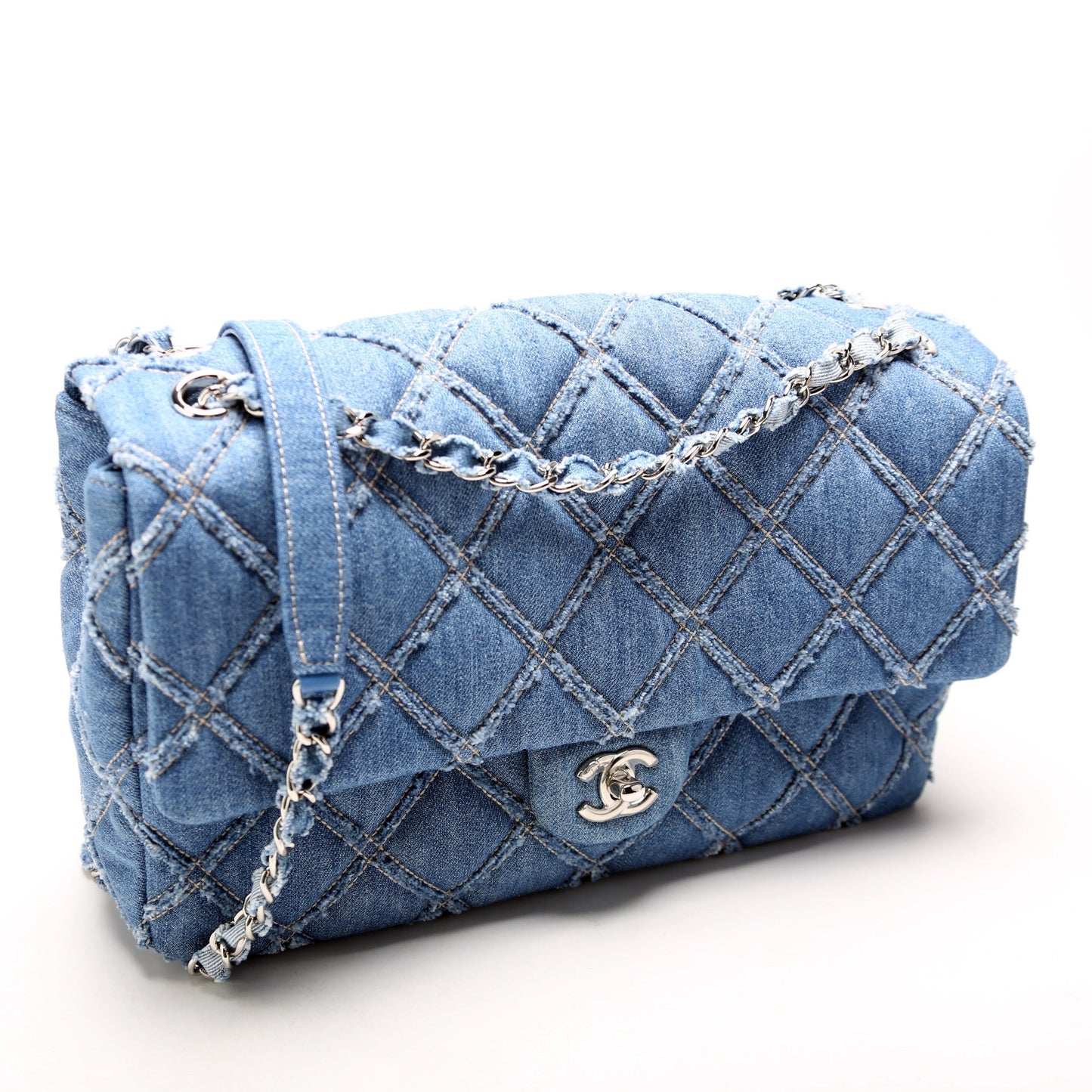 Chanel Blue Chip Flap Large Frayed Denim 29M Bag