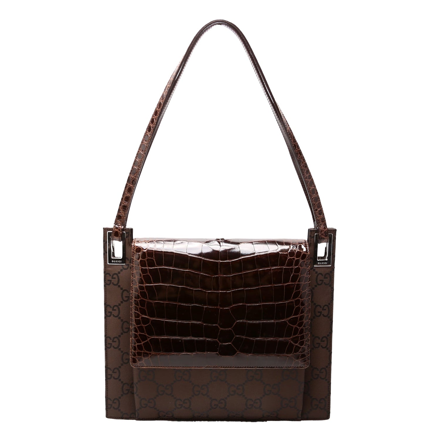 Gucci 001-3132 GG Nylon/Croc Embossed Flap Shoulder   Brown Bag