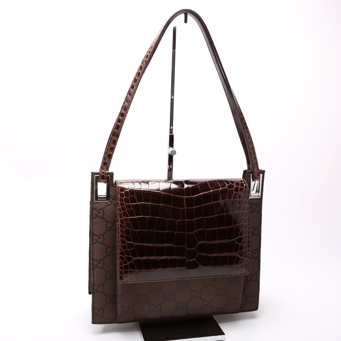 Gucci 001-3132 GG Nylon/Croc Embossed Flap Shoulder   Brown Bag