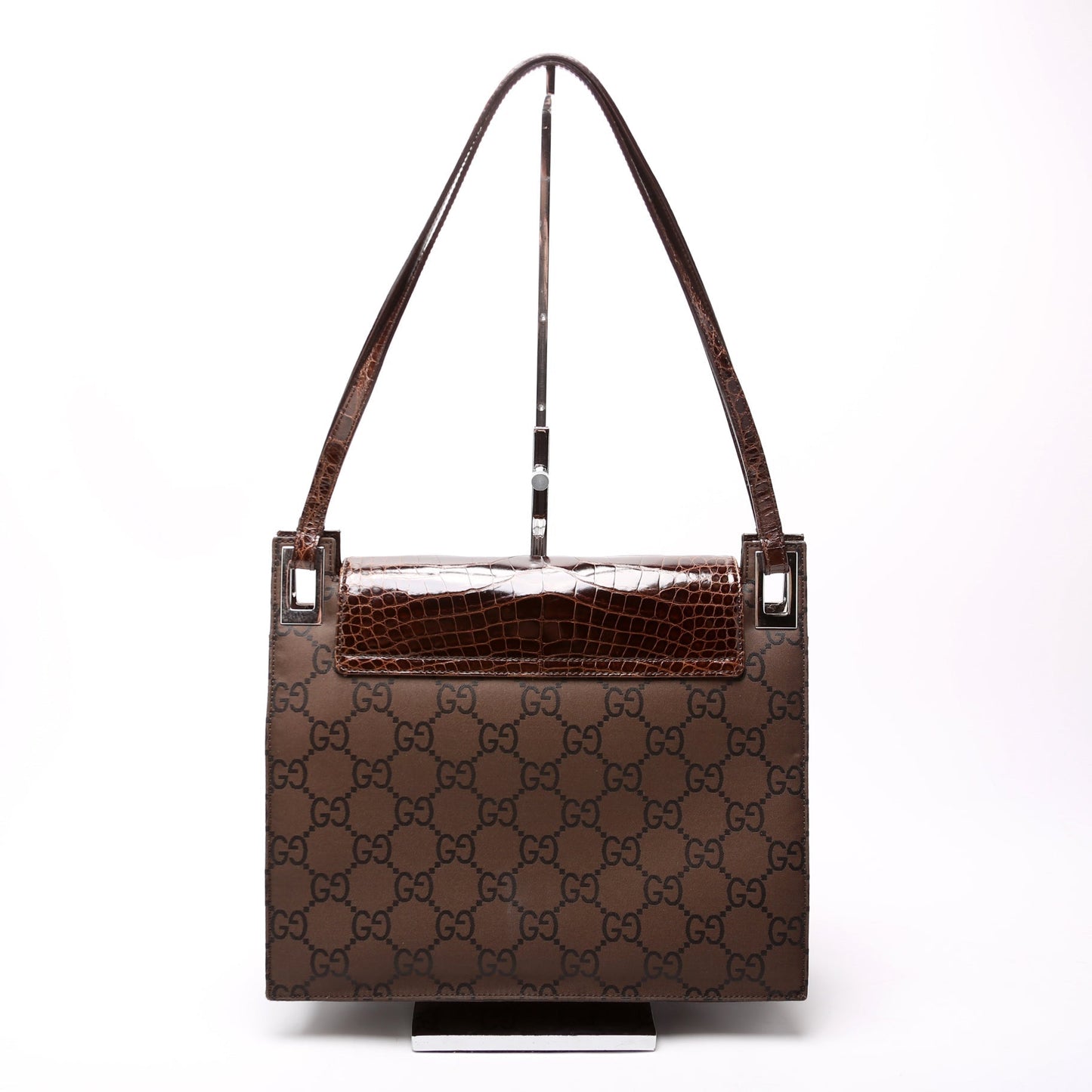 Gucci 001-3132 GG Nylon/Croc Embossed Flap Shoulder   Brown Bag