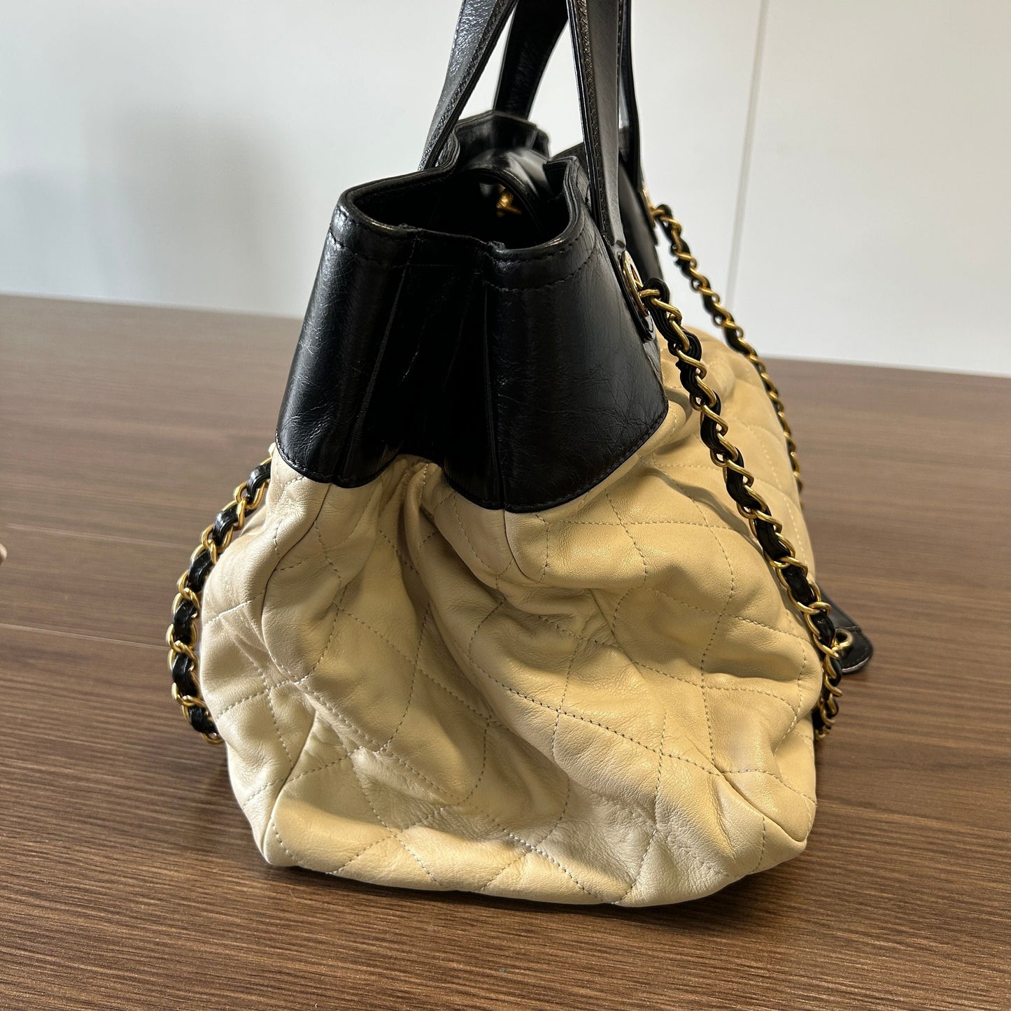 CHANEL Calfskin Quilted In The Mix Shopping Tote Beige Black LB121664