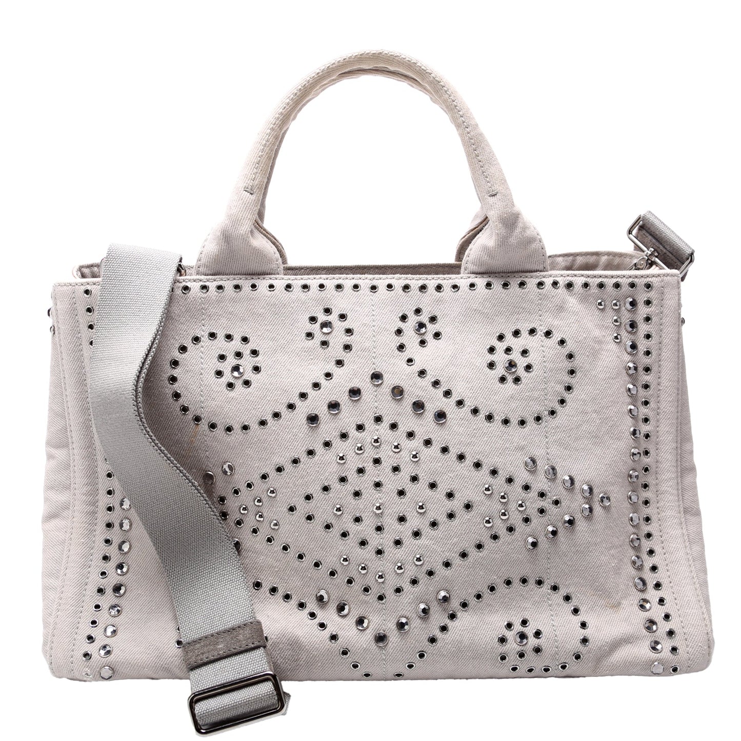 Prada BM2642 Canapa Studded Canvas Tote Grey Bag