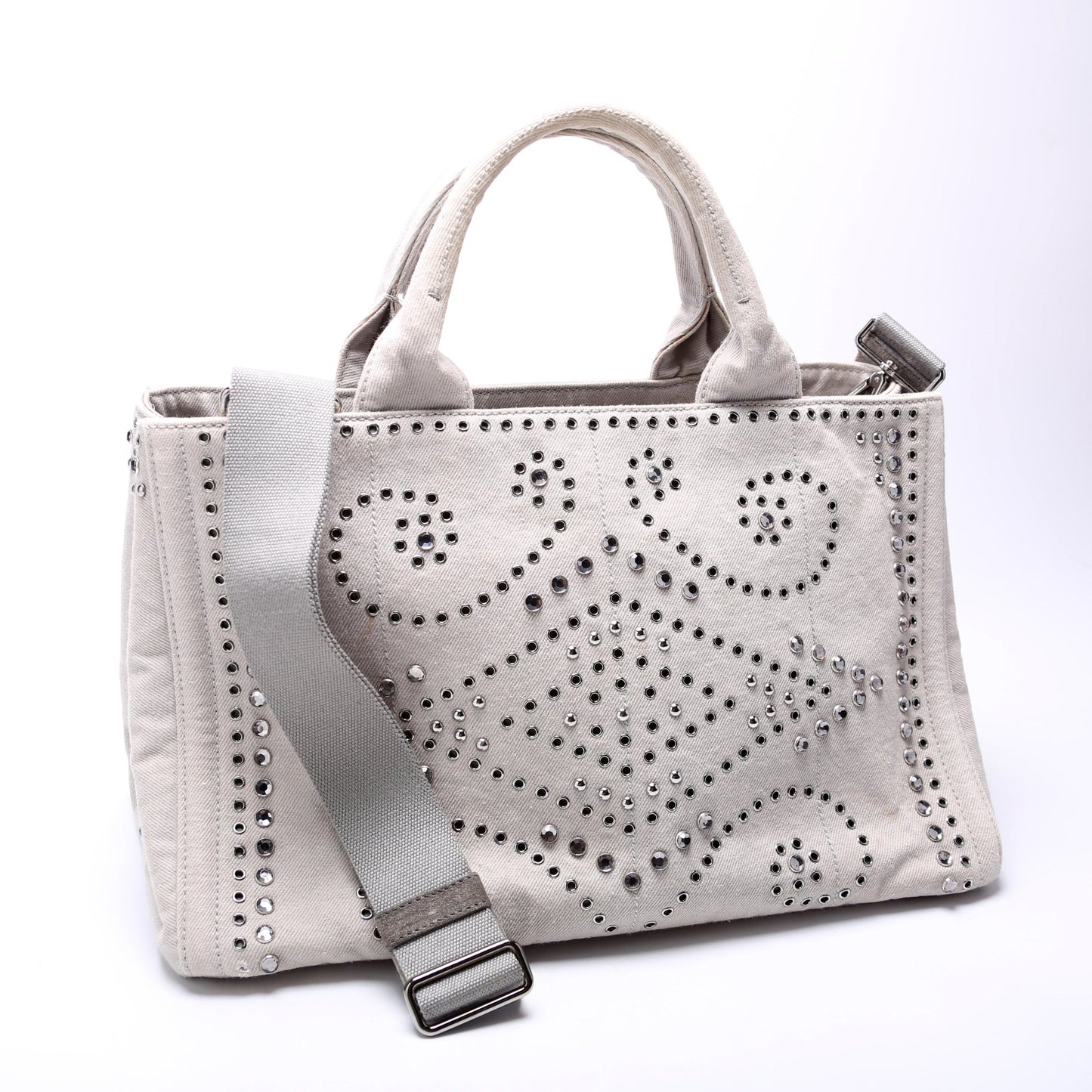 Prada BM2642 Canapa Studded Canvas Tote Grey Bag