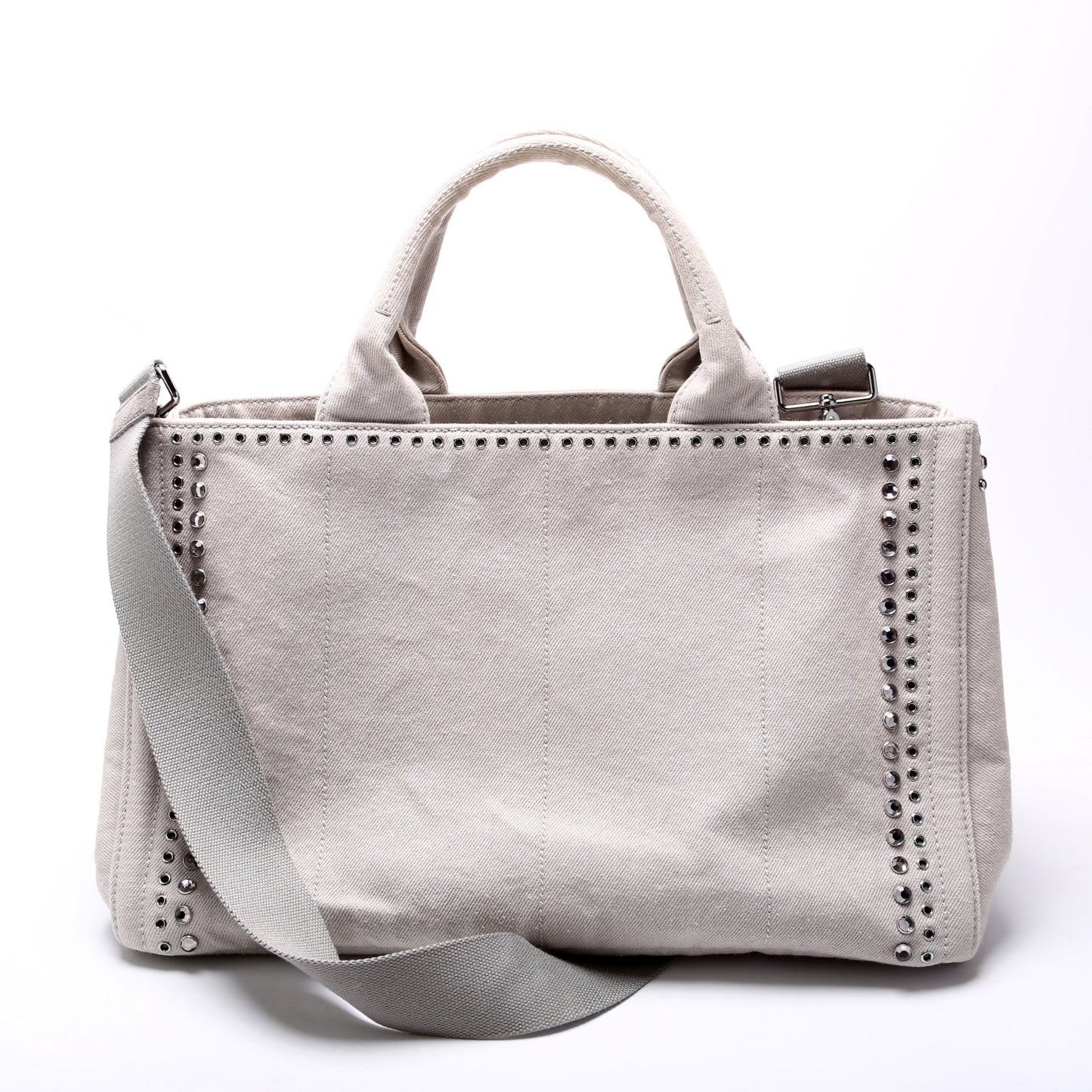 Prada BM2642 Canapa Studded Canvas Tote Grey Bag