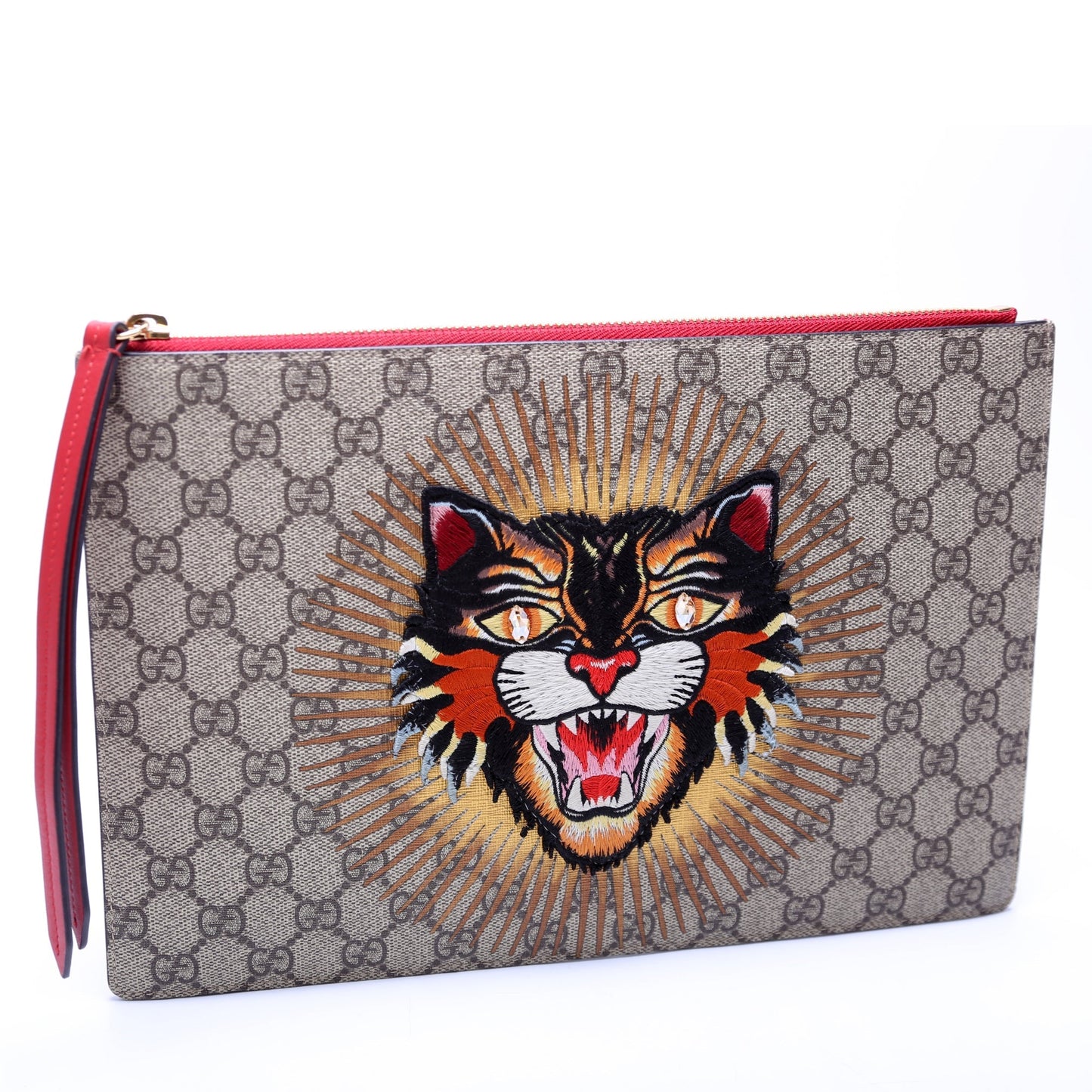Gucci  GG Supreme Angry Cat Zip Pouch Red