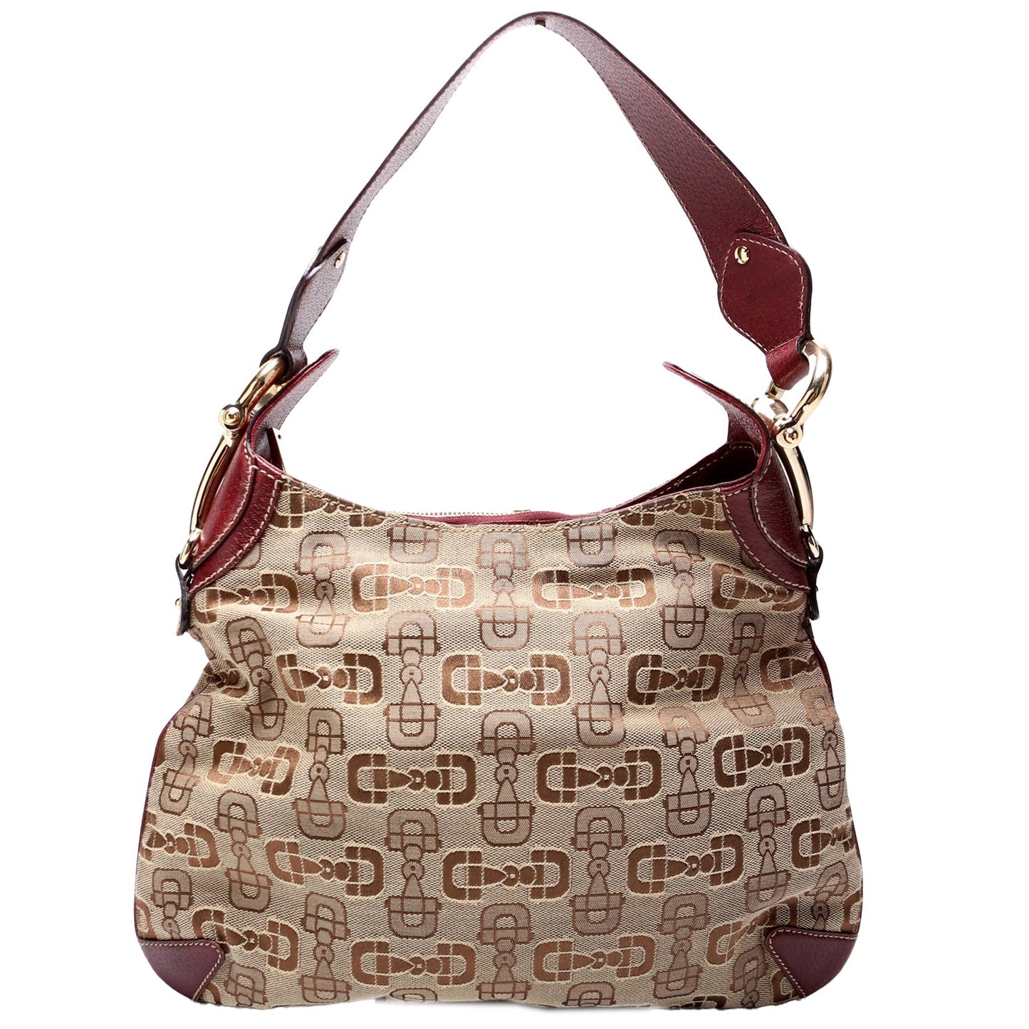 Gucci 145826 Horsebit Canvas Creole Hobo Burgundy/Tan Bag