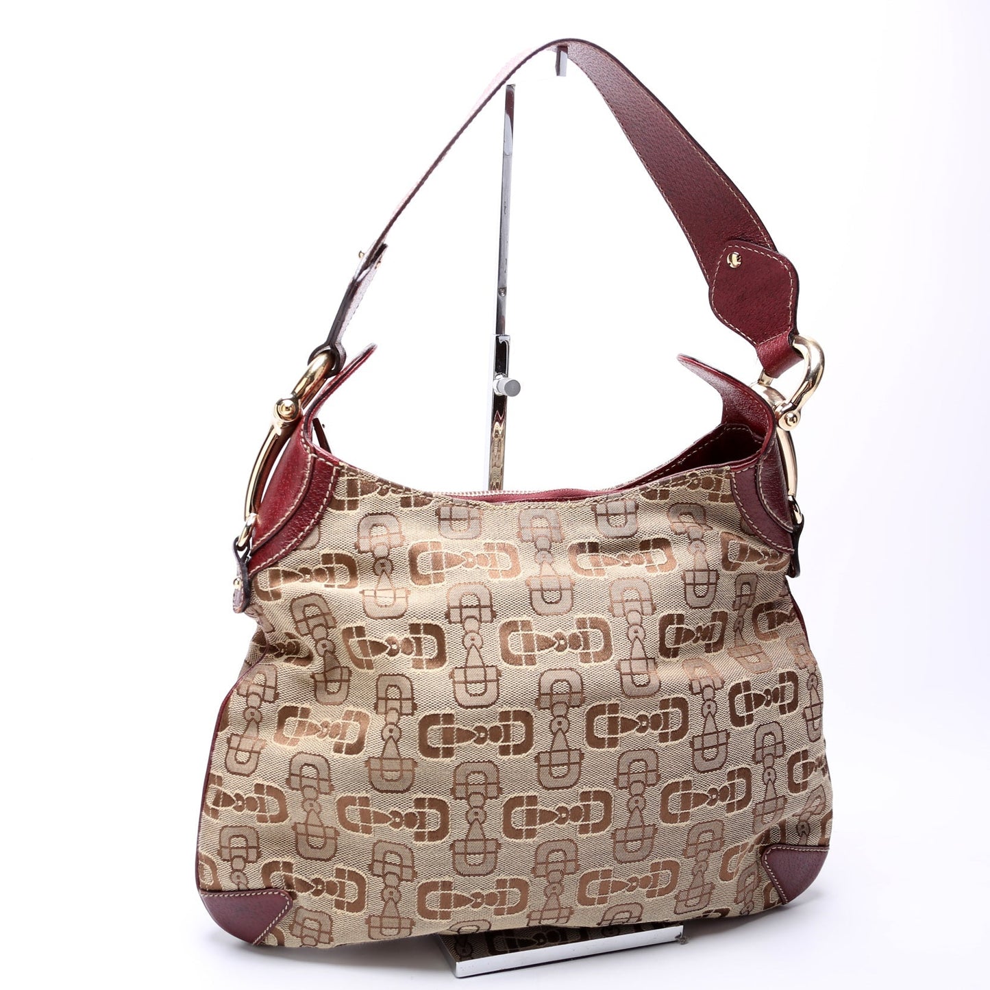 Gucci 145826 Horsebit Canvas Creole Hobo Burgundy/Tan Bag