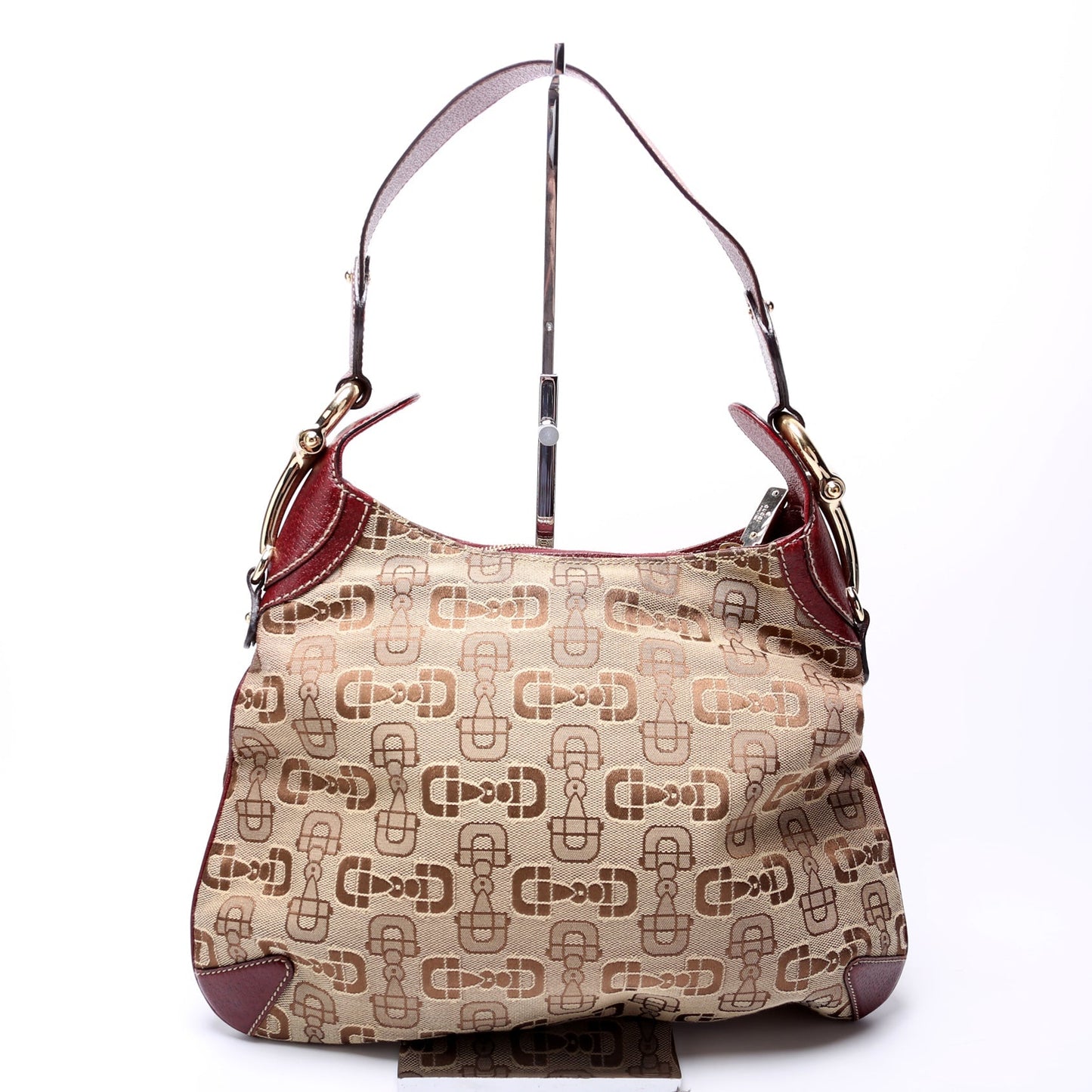 Gucci 145826 Horsebit Canvas Creole Hobo Burgundy/Tan Bag